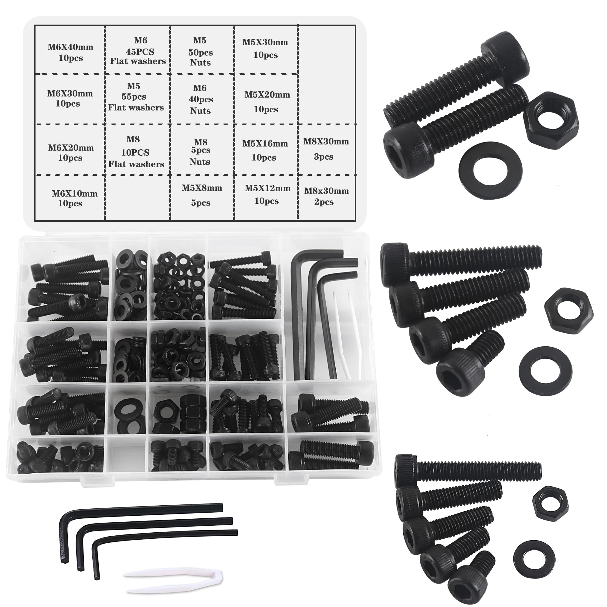 huruiruiM5 M6 M8 Nuts and Bolts Washers Assorted Set, Black Hex Socket Head Screws Bolts and Nuts Kit, Thread Machine Hex Bolt Set Fastener Repair Tools Assortment Kit with 3 Wrench 295pcs