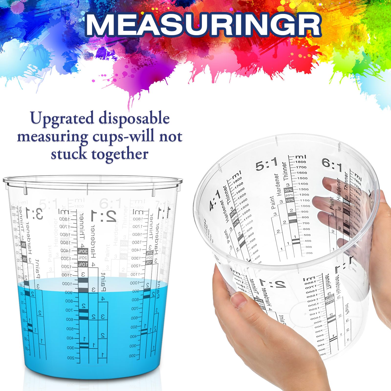 24 tazas medidoras de pintura de 64 onzas, 60.9 fl oz, tazas mezcladoras con graduados y 20 varillas de mezcla de pintura de plástico desechable, resina epoxi automotriz, taza de mezcla para pintura, 3