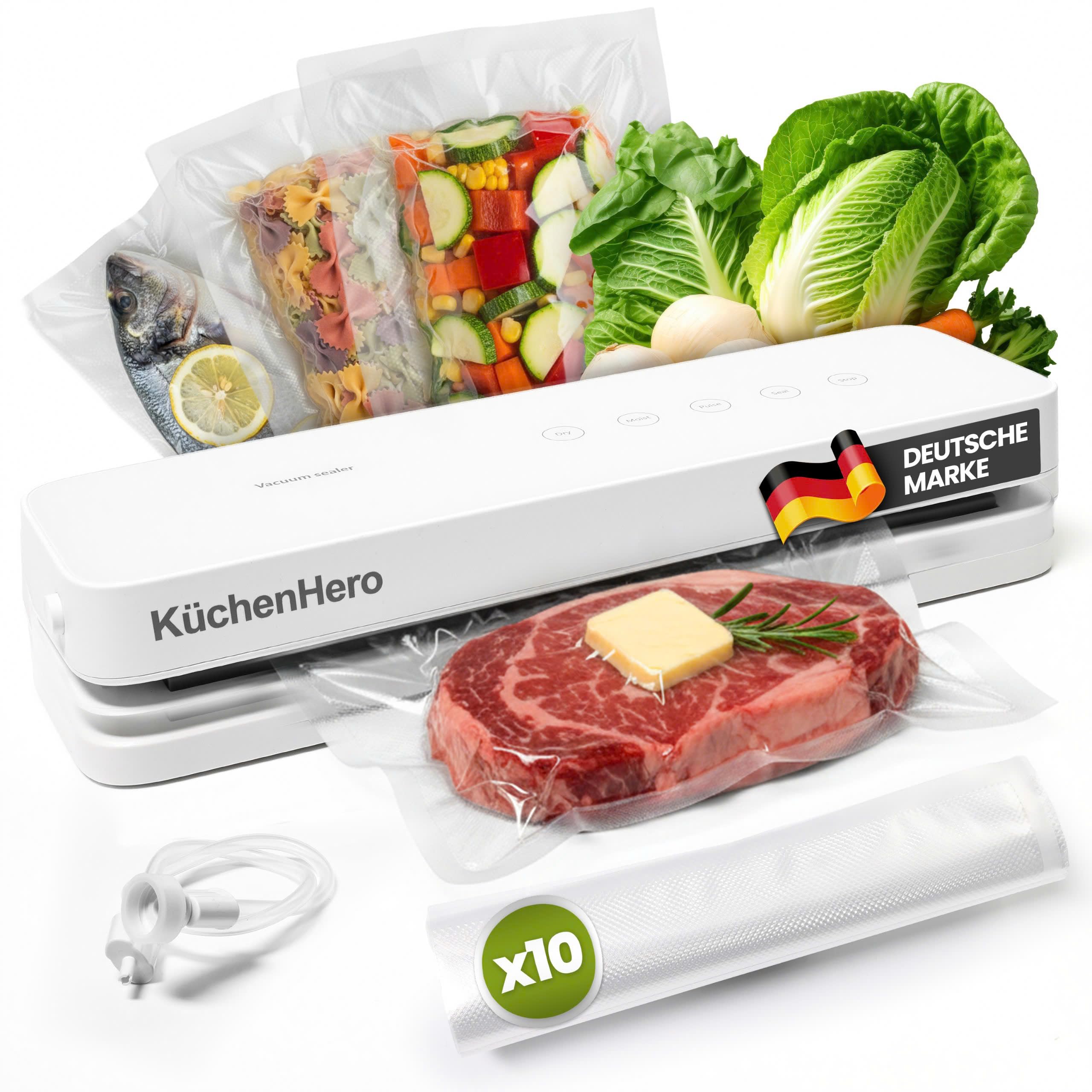 Vakuumierer mit Glasoberfläche & Touch – Premium Vakuumiergerät Weiß – Inkl. 10 Beutel & Schlauch – 5 Modi (Dry/Moist/Pulse) – Leises Folienschweißgerät für Sous Vide & Lebensmittel