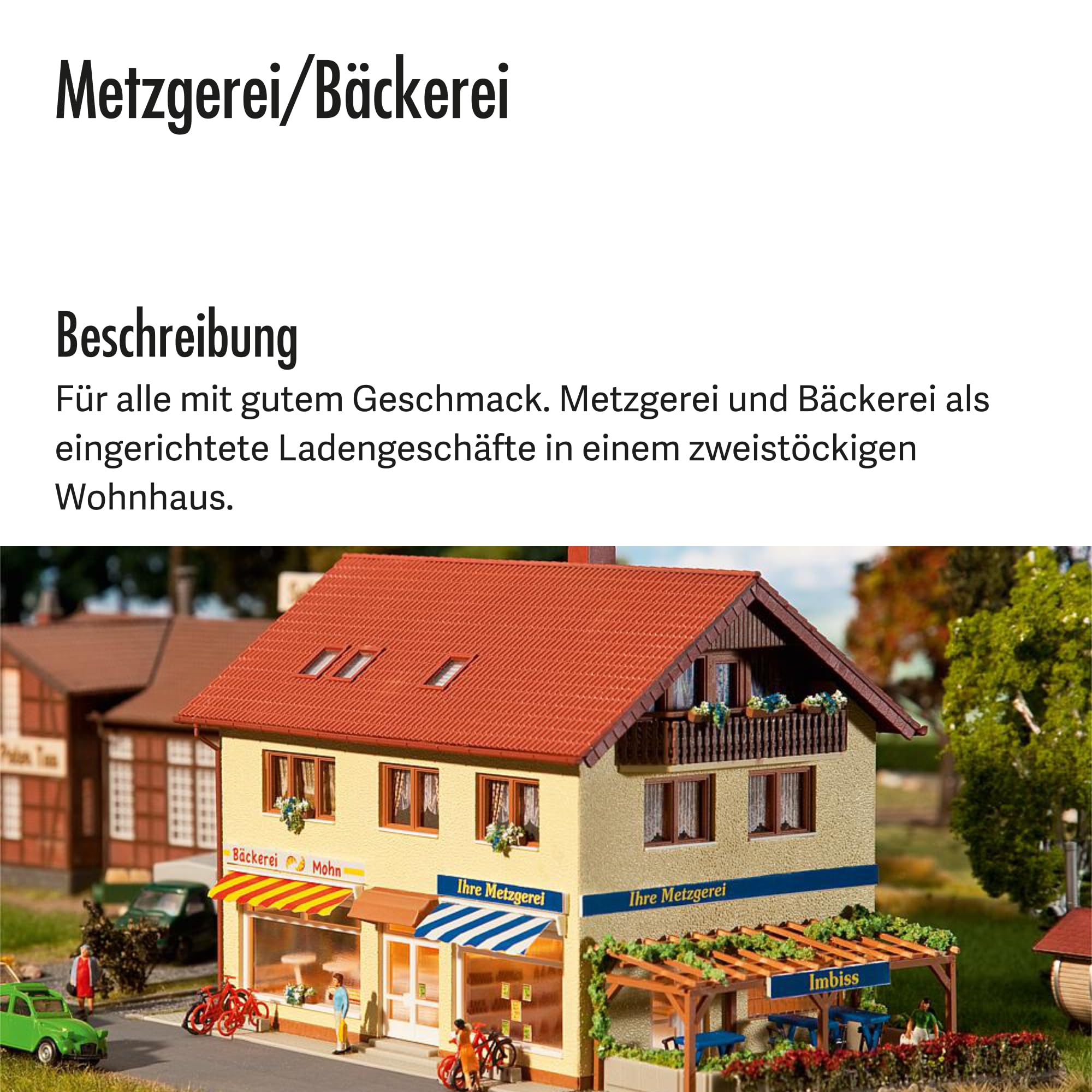FALLER Metzgerei/Bäckerei Modellbausatz mit 569 Einzelteilen 190x125x125mm I Modelleisenbahn Zubehör H0 mit Fahrrädern I Modelleisenbahn H0 Metzgerei, Creme und Braun