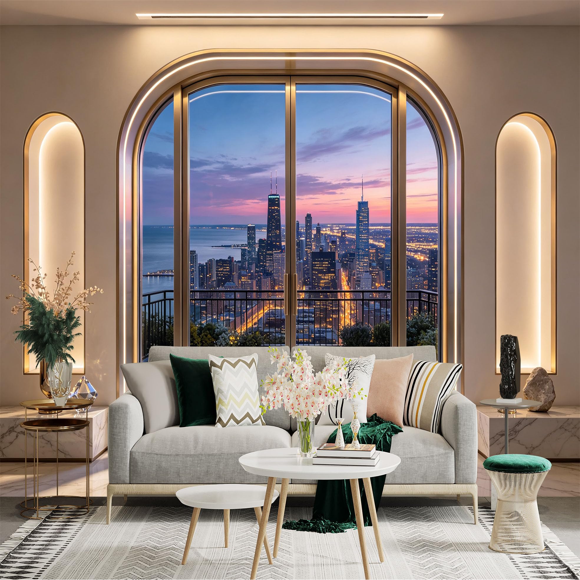 Custom Size Wall Sticker Mural， Modern City Skyline Sunset View， Luxury Balcony Nightscape， for wall Decoration， peelandstick wall Decals.