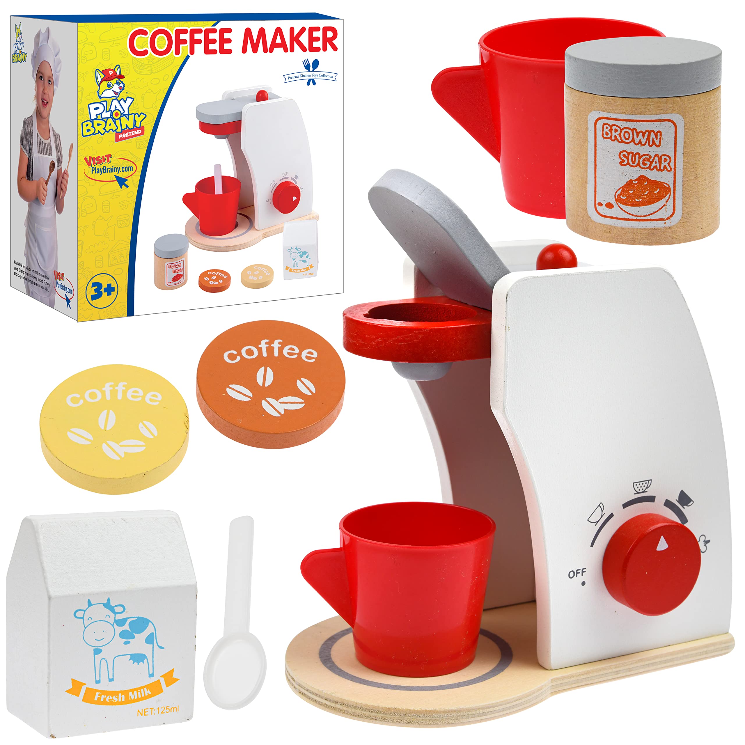 Play Brainy Coffee Maker with Breakfast Toy Food for Kids Kitchen Playset- 7 Piece Wooden Kitchen Accessories for Pretend Plays & Interactive Early Learning for Boys & Girls 3+