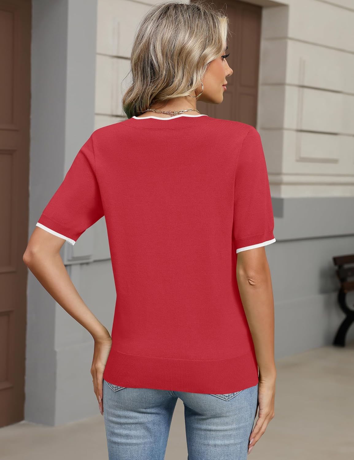 LOMON Womens 2026 Spring V Neck Sweater Casual Tops Short Sleeve Lightweight Ribbed Knit Pullover Sweaters - Image 3