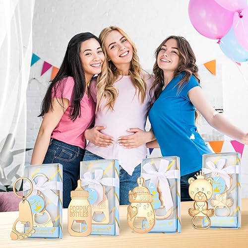 Miniatura 8 de wxfdac Abrebotellas de bebé, 24 piezas, llavero con huella de oso y niño, abrebotellas con caja de regalo azul, recuerdos de fiesta de baby shower