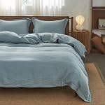 Simple&Opulence 100% Linen Duvet Cover Set 3pcs Stone Washed Embroidery Border Solid Color French Flax Soft Breathable Bedding with Button Closure (King, Dusty Blue)
