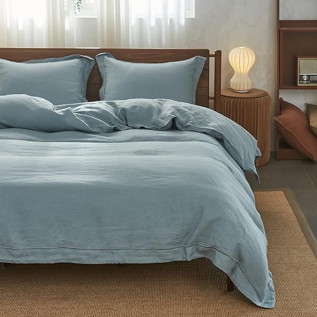 Simple&Opulence 100% Linen Duvet Cover Set 3pcs Stone Washed Embroidery Border Solid Color French Flax Soft Breathable Bedding with Button Closure (King, Dusty Blue)