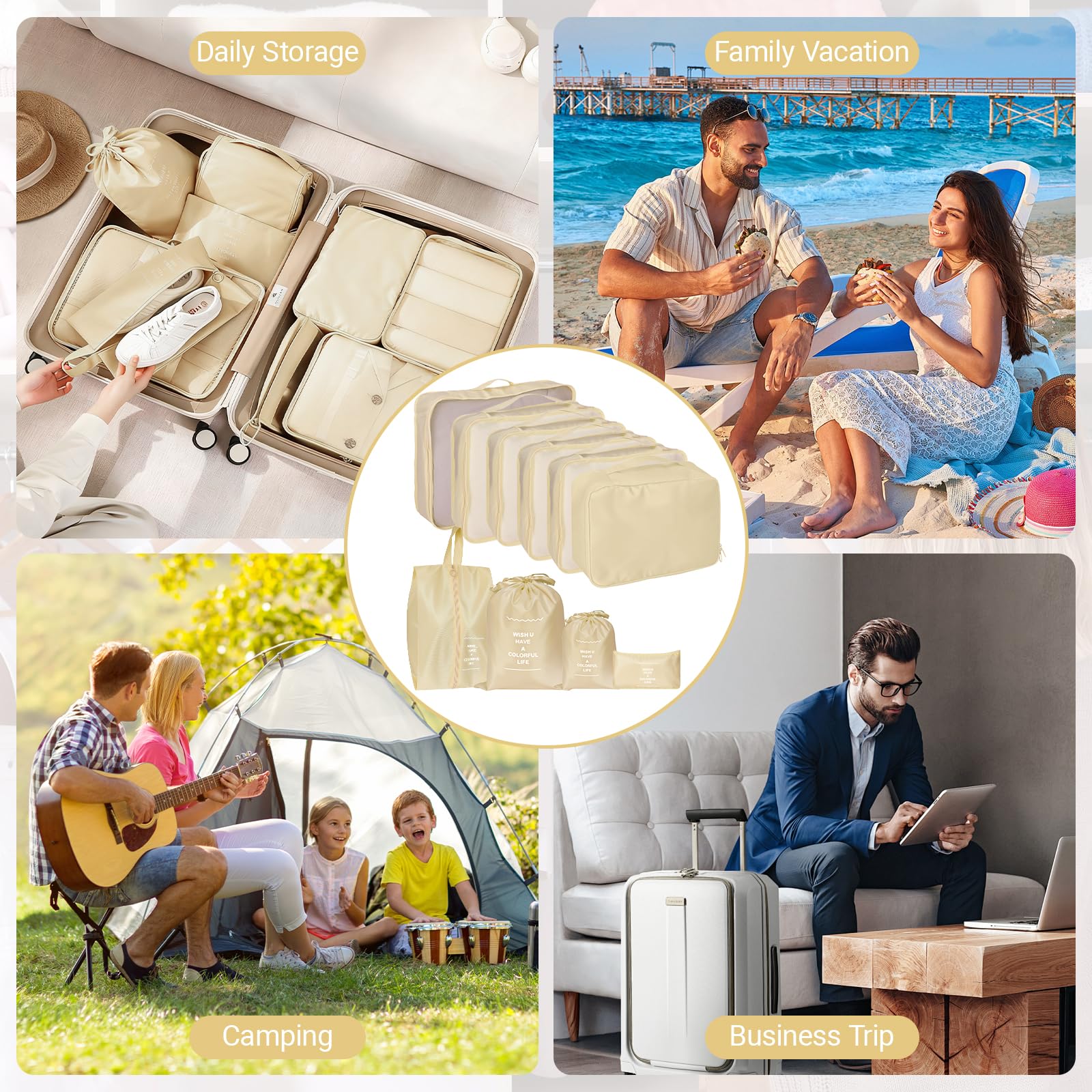 Zorplex Set di Organizer per Valigia, 10 Pezzi, Packing Cubes Salvaspazio per Abbigliamento, Cosmetici, Scarpe e Accessori da Viaggio (Beige)