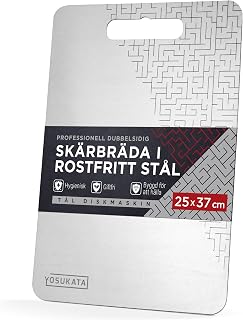 YOSUKATA Premium Skärbräda i Rostfritt Stål 37 x 25 cm | Professionell Dubbelsidig Skärbräda i Metall med Hänghål – Måttskala – Diskmaskinssäker – BPA-fri – Giftfritt Köksredskap