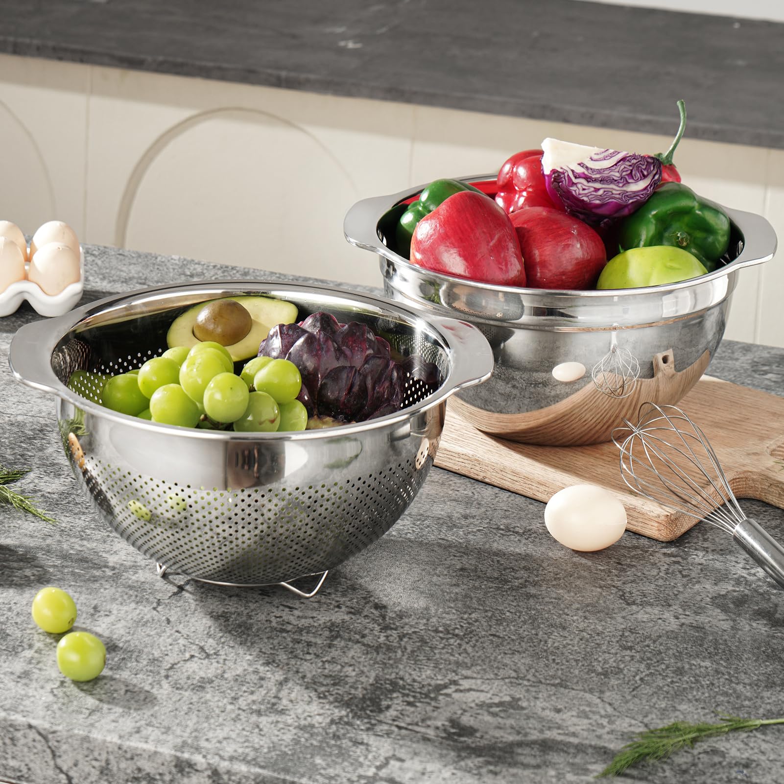 Microwell scolapasta in acciaio inox 18/8, grande capacità 3,5 qt, con manico, cestino per alimenti da cucina, per lavare verdure, frutta, riso e pasta (colore primario, 3,5 QT+ciotola da 3,5 QT)