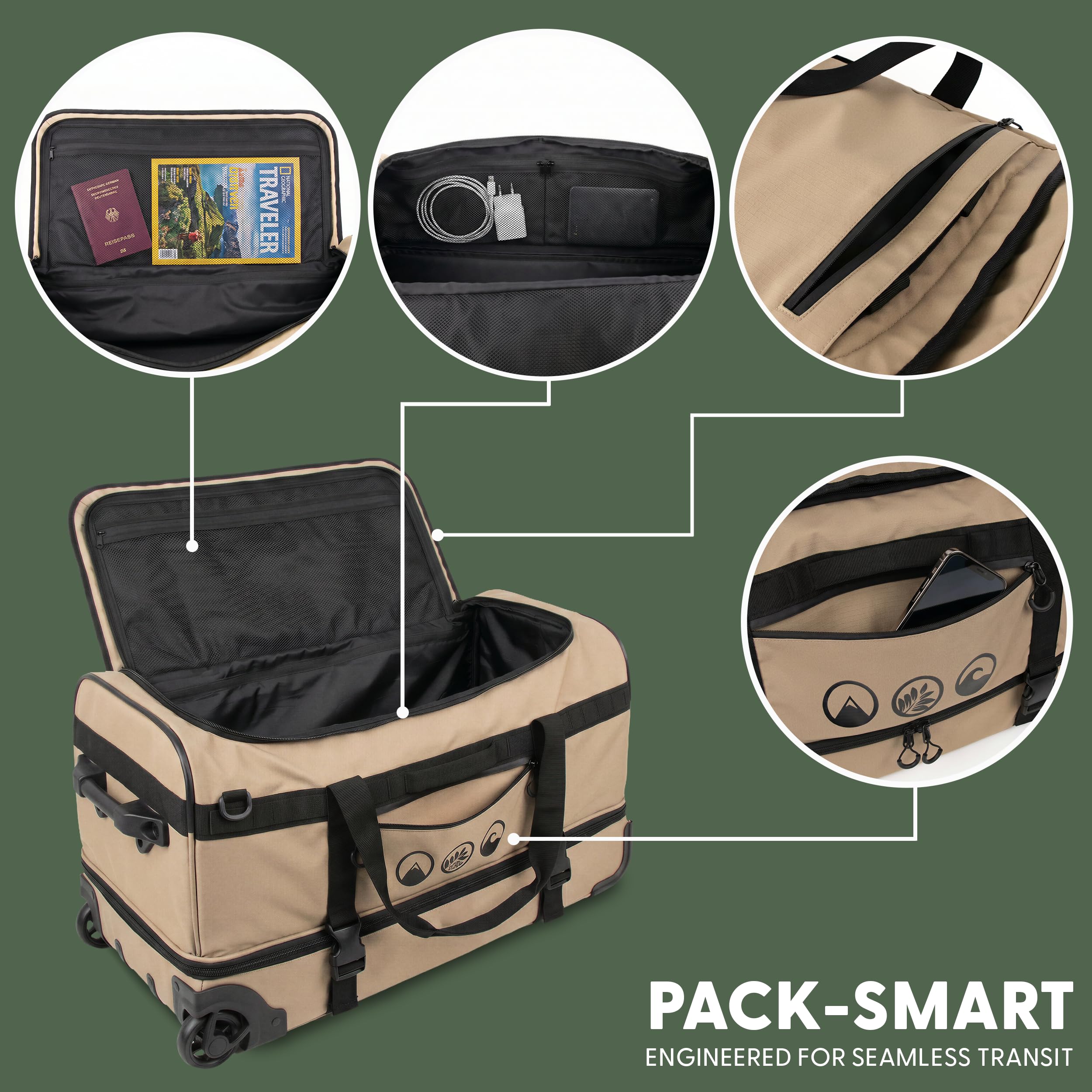 XL Reisetasche mit Rollen 3-in-1 Rucksack, Reisetasche und Trolley wasserabweisend | Flow mit Schuhfach und Schutzecken für Herren & Damen | Reise-Tasche aus hochwertigem Ripstop beige