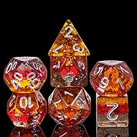 Vista 22 de Juego de dados de resina para DND, juego de 7 dados poliédricos negros D&D rellenos con papel de colores brillantes para juegos de rol