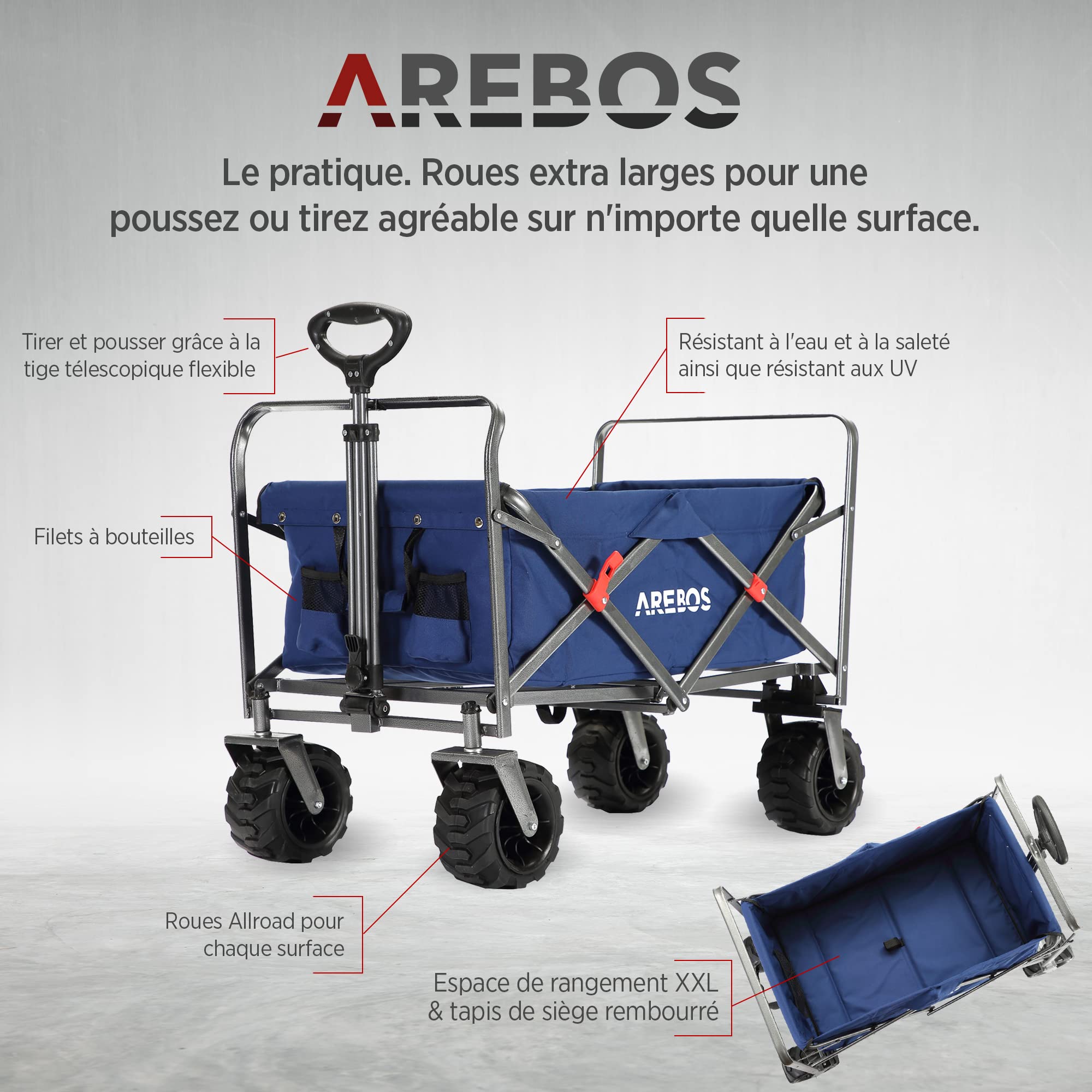 Arebos Chariot Pliable de Transport | Bollerwagen Pliable Tout-Terrain avec Roues XL | Chariot de Jardin et Plage | Chariot de Courses Robuste pour Camping, Pique-Nique et Loisirs | Bleu