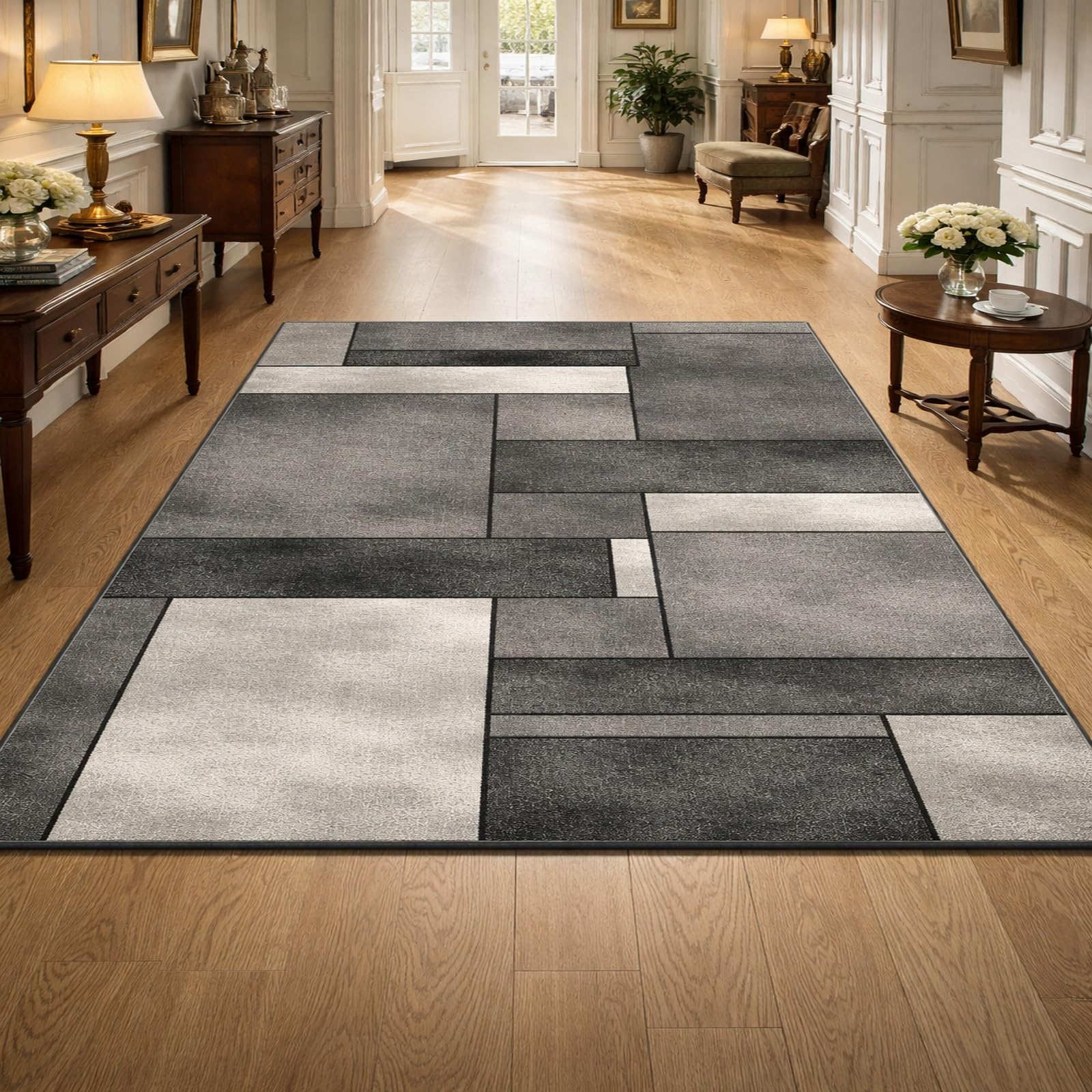 Alfombra grande y suave de 200 x 250 cm lavable gris geométrico