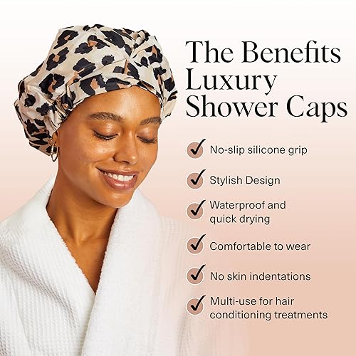 Vista 23 de Kitsch Gorros de ducha de lujo para mujer, reutilizables, impermeables, con forro de satén flexible, gorro de ducha grande y ancho para mujeres