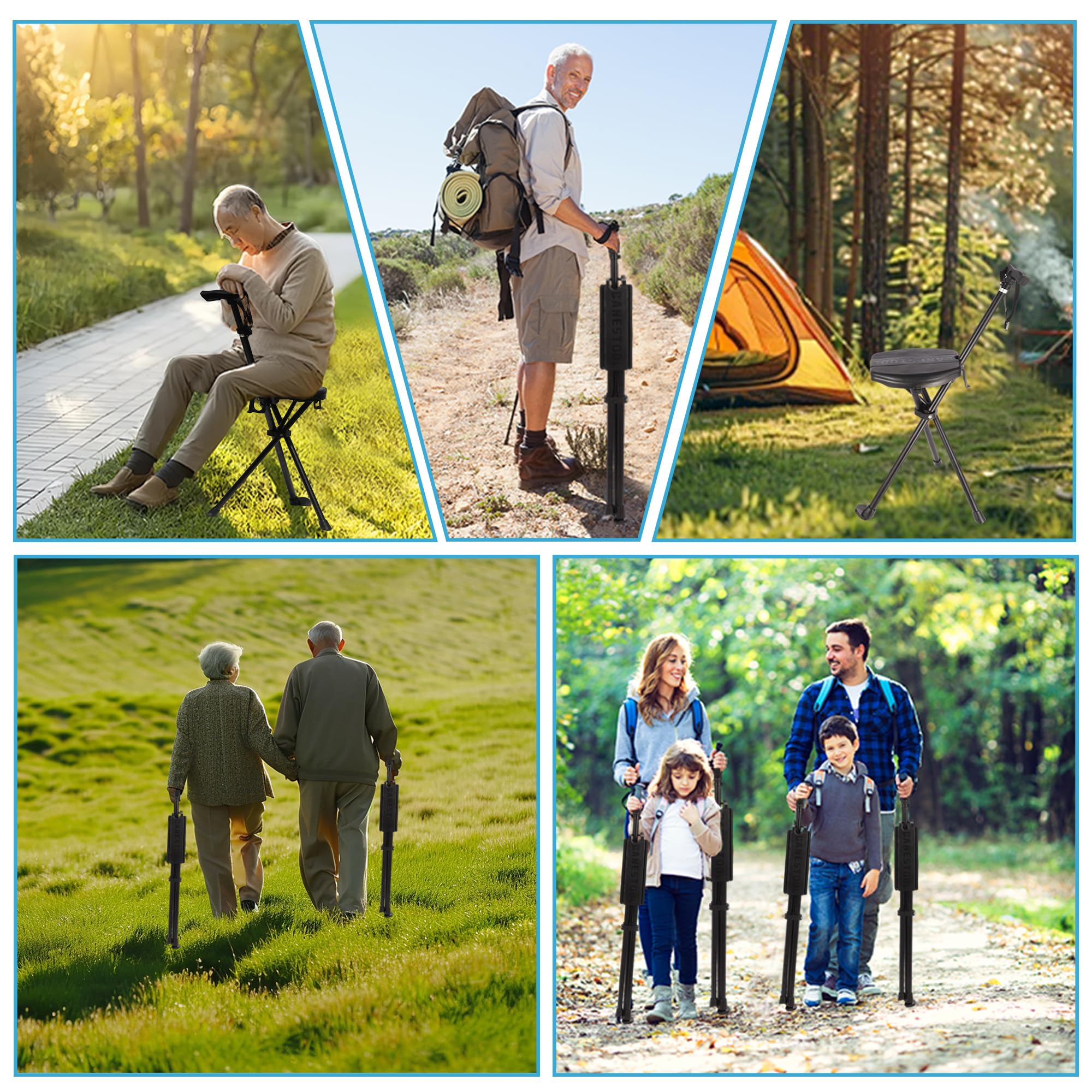 Bastone da passeggio pieghevole portatile 2 in 1 – Bastone da passeggio regolabile e sedile con cuscino non rimovibile, fino a 250 kg, leggero aiuto per la mobilità con base antiscivolo e