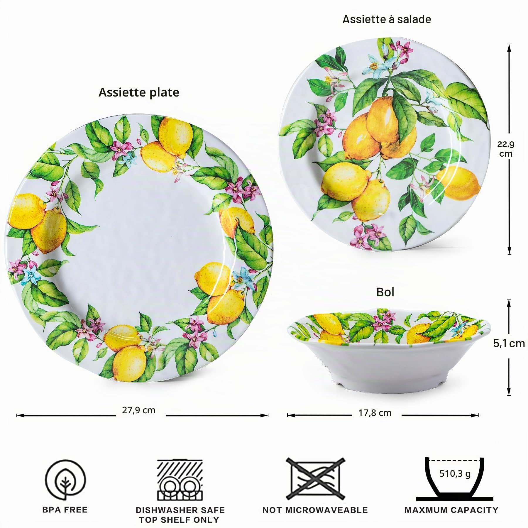 Lehaha Service de table en mélamine citron - 12 pièces pour intérieur et extérieur - Pour 4 personnes - Passe au lave-vaisselle - Incassable 12-21E065