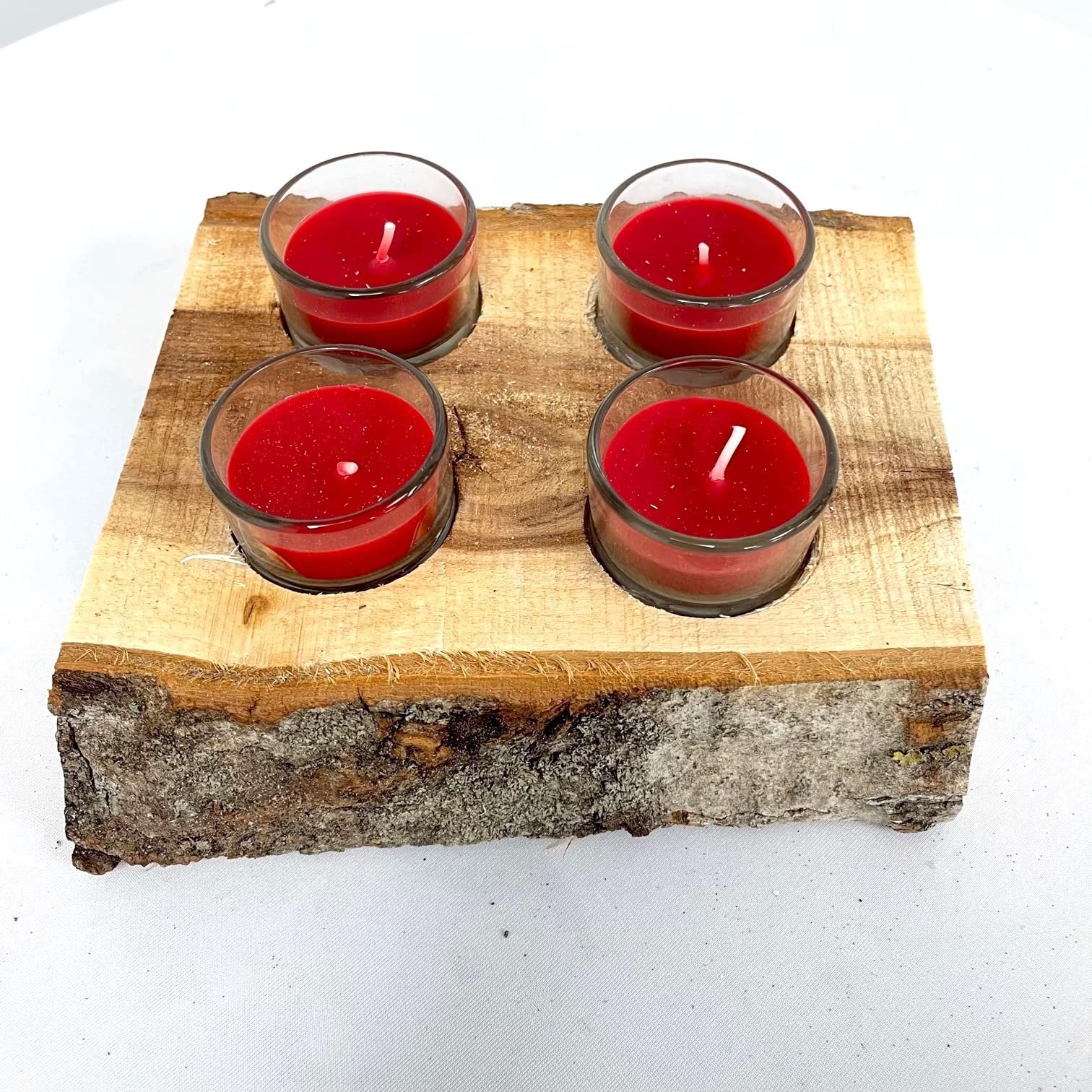 Decor Essentials Candles with Glass Candle Holders and Rustic Wooden Base for Christmas Home Decor Table Setting Decorations Warm Cozy Farmhouse Aesthetic (Red)