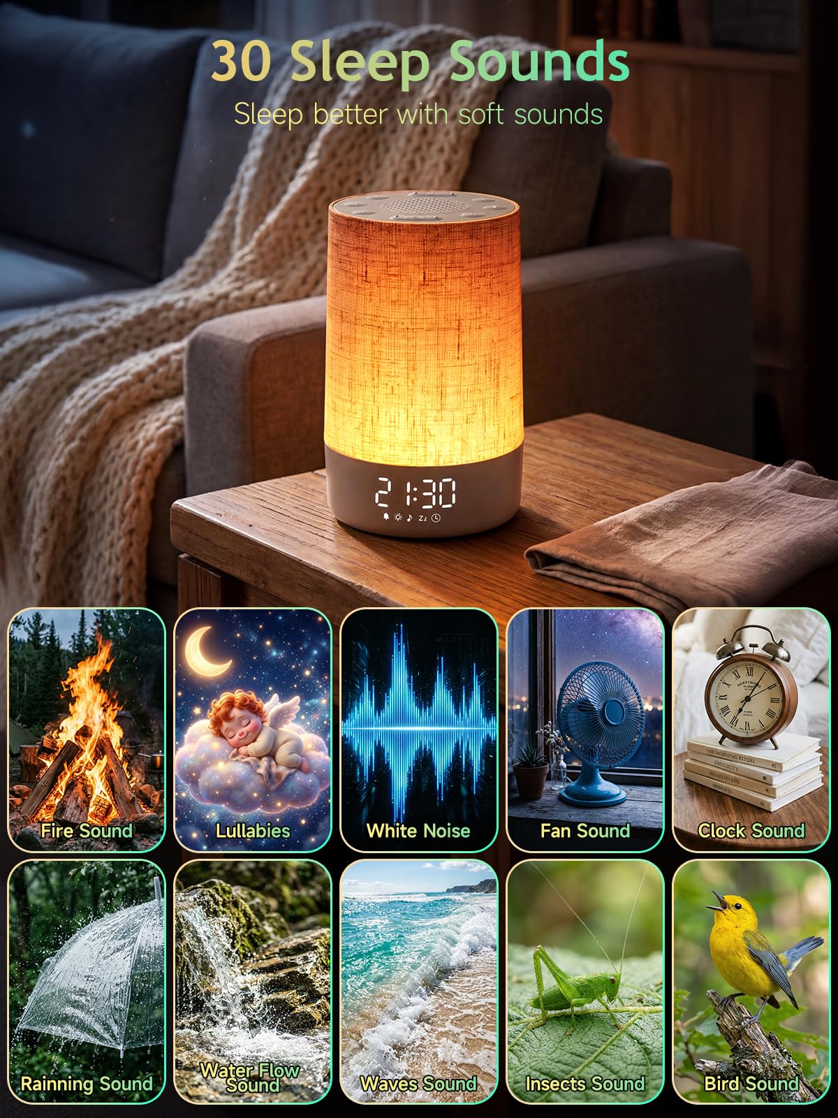 Réveil Lumineux Simulateur d'Aube, Lampe de Reveil avec 30 Sons pour Dormir, LED Lampe de Chevet à Intensité Variable, Fonction Charge, Snooze, Minuteur, 13 Niveaux de Luminosité, pour Chambre