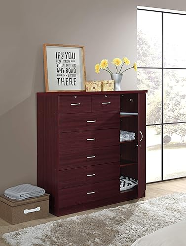 Miniatura 10 de HODEDAH IMPORT cómoda de 7 cajones con puerta adicional de madera de haya Caoba Mahogany