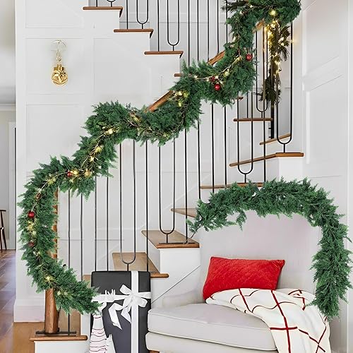 Miniatura 8 de Hananona Guirnalda de cedro artificial de 6 pies, guirnalda de ciprés de cedro de invierno de tacto real, guirnalda de pino verde artificial para