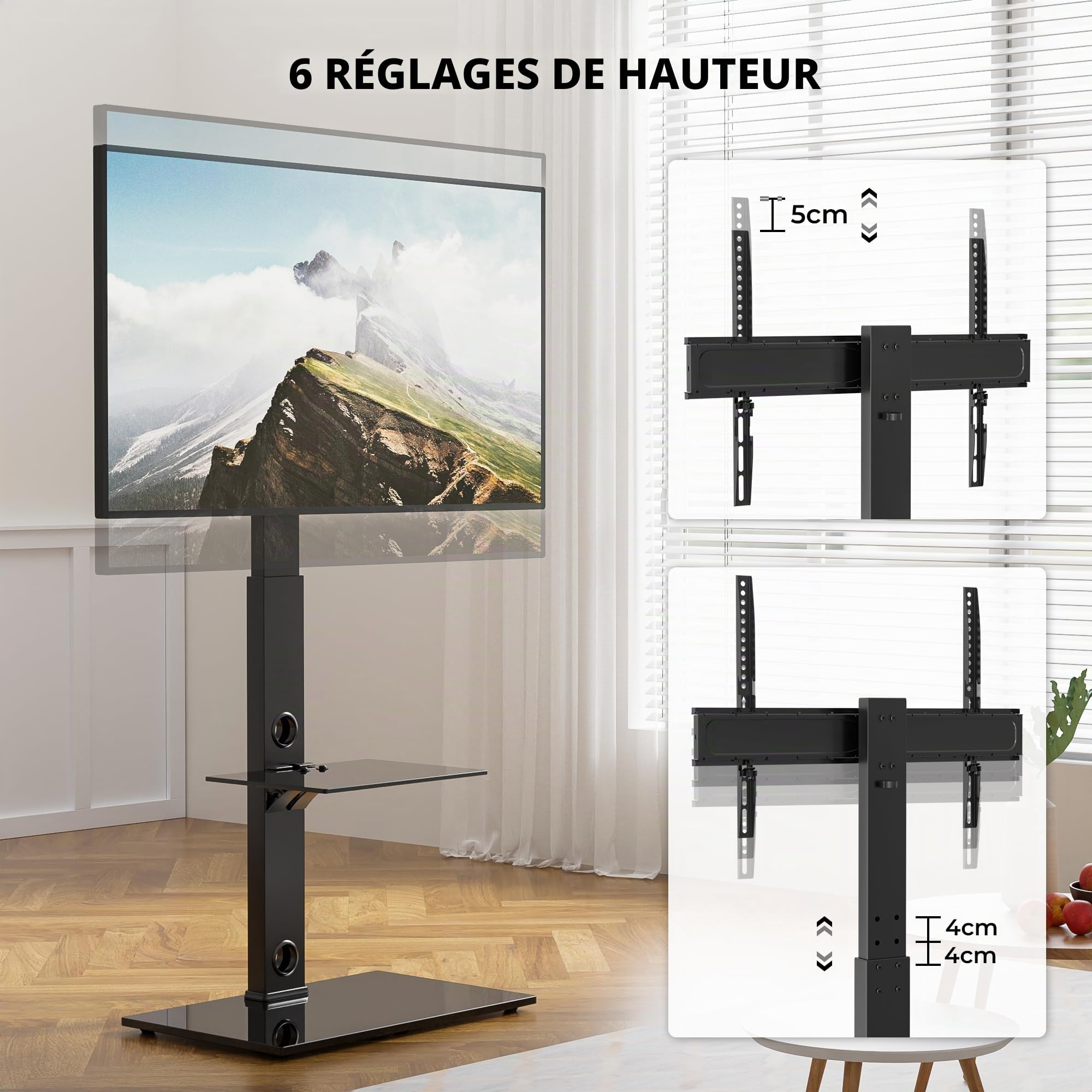 BONTEC Montage au Sol Support TV sur Pied pour 30-70 Pouces Téléviseurs Incurvés Plats LED OLED LCD jusqu'à 40 kg, Pivotant Hauteur Réglable avec 2 Etagères, Max VESA 600x400 mm