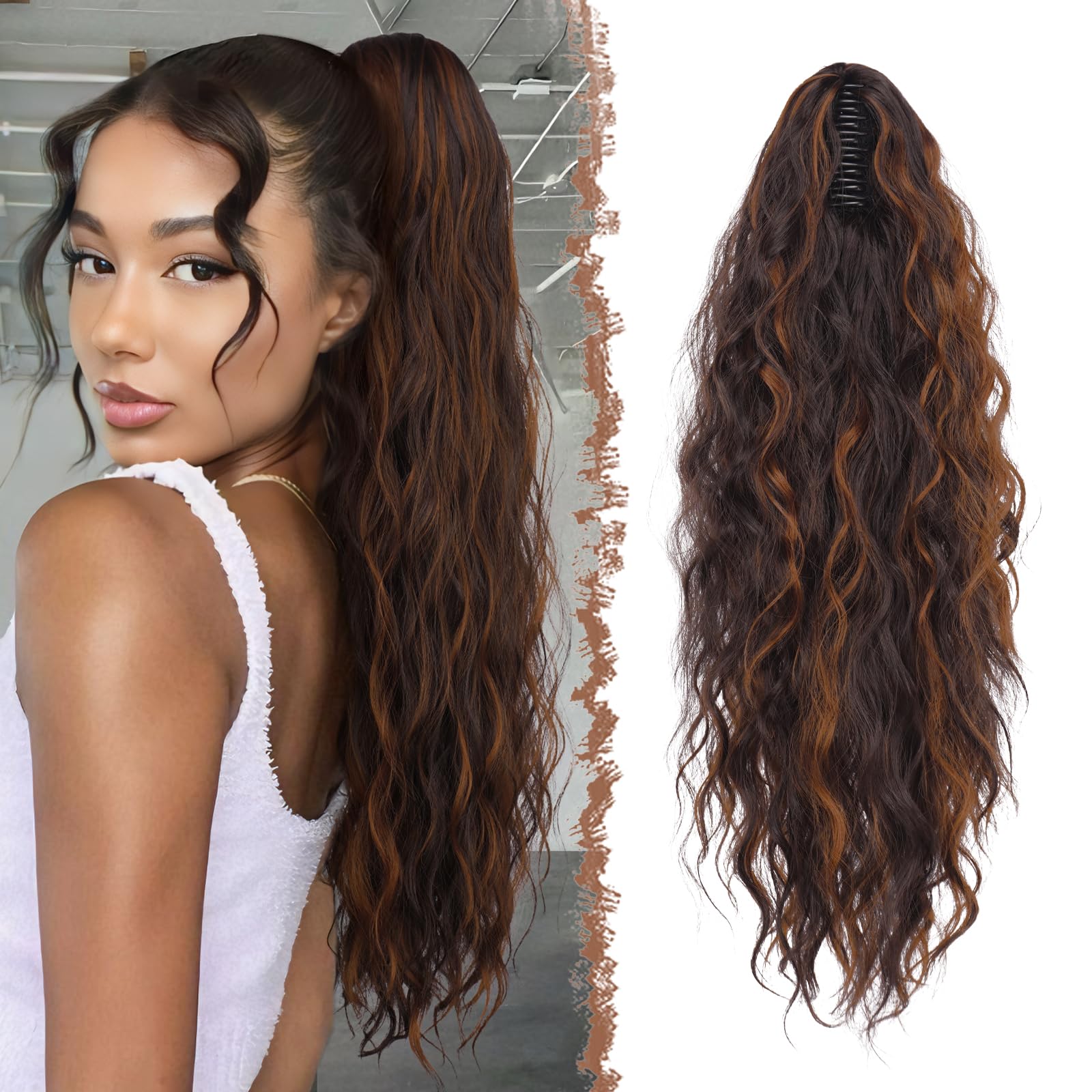 FESHFEN Pferdeschwanz mit Klammer, Lange Wellig Lockig Haarextension Synthetik Zopf Haarverlängerung Claw Clip in Haarteil Ponytail für Damen 65cm Dunkelbraun und HellRotbraun