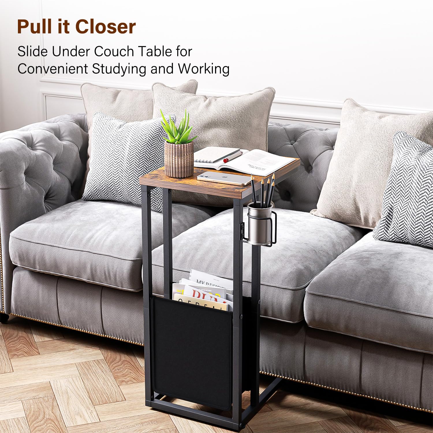 Tavolino a forma di C con borsa portaoggetti, sottile e resistente, per piccoli spazi, robusto organizer per divano, letto, soggiorno e camera da letto, design salvaspazio