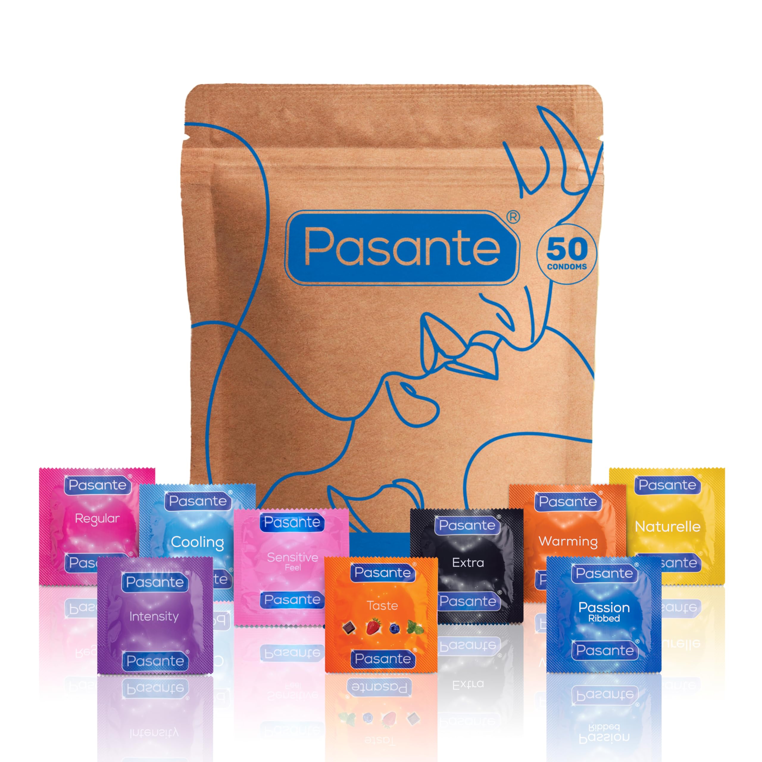Pasante Condoms Variety Pack - Mix of 50 | The Mixed Pack Contains: Flavoured, Ribbed, Thin, Extra and More Condoms