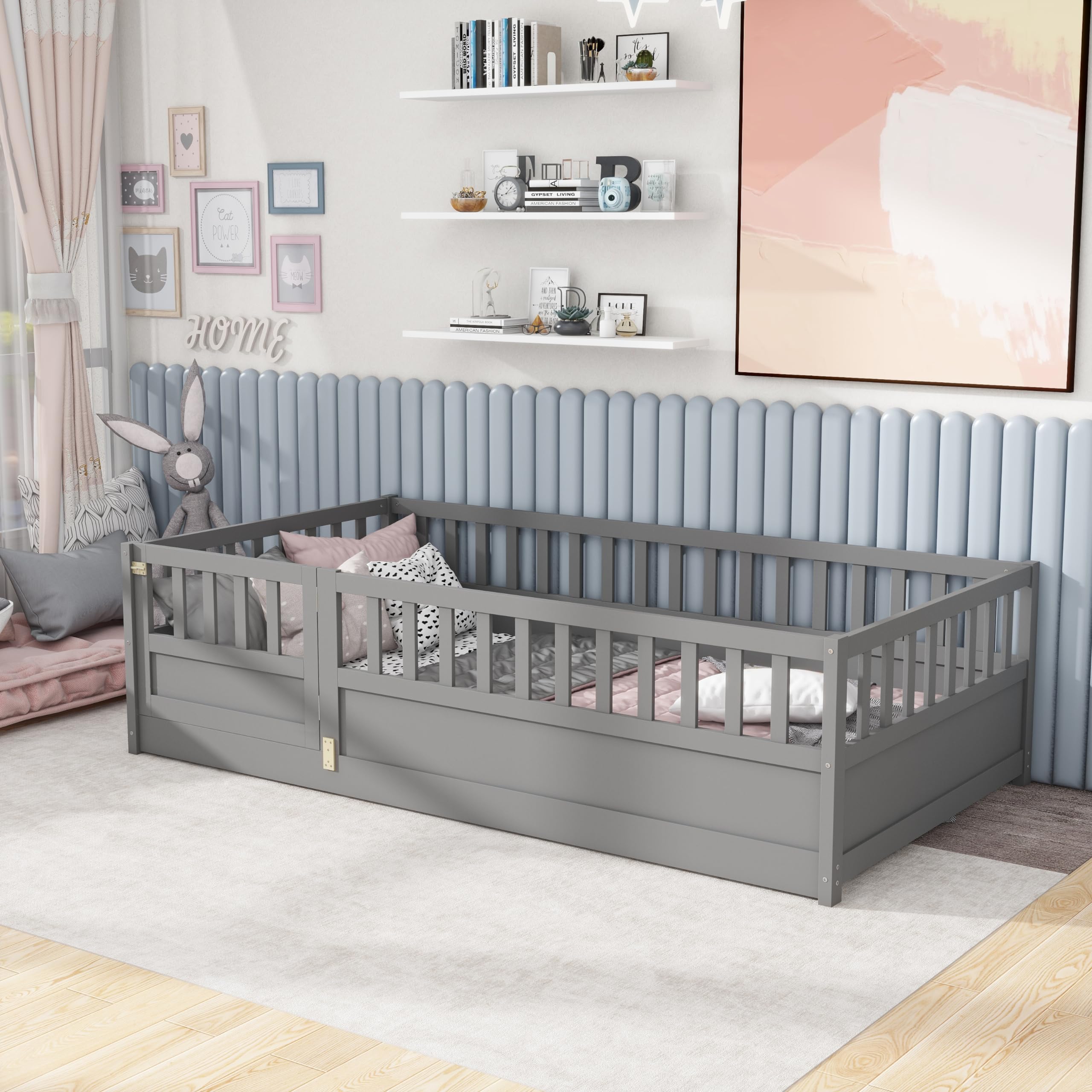 LUMISOL Twin Floor Bed with Super High Security Barrier and Door, Solid Pine Wood Floor Bed Frame for Kids Bedroom, Easy Assembly, Grey