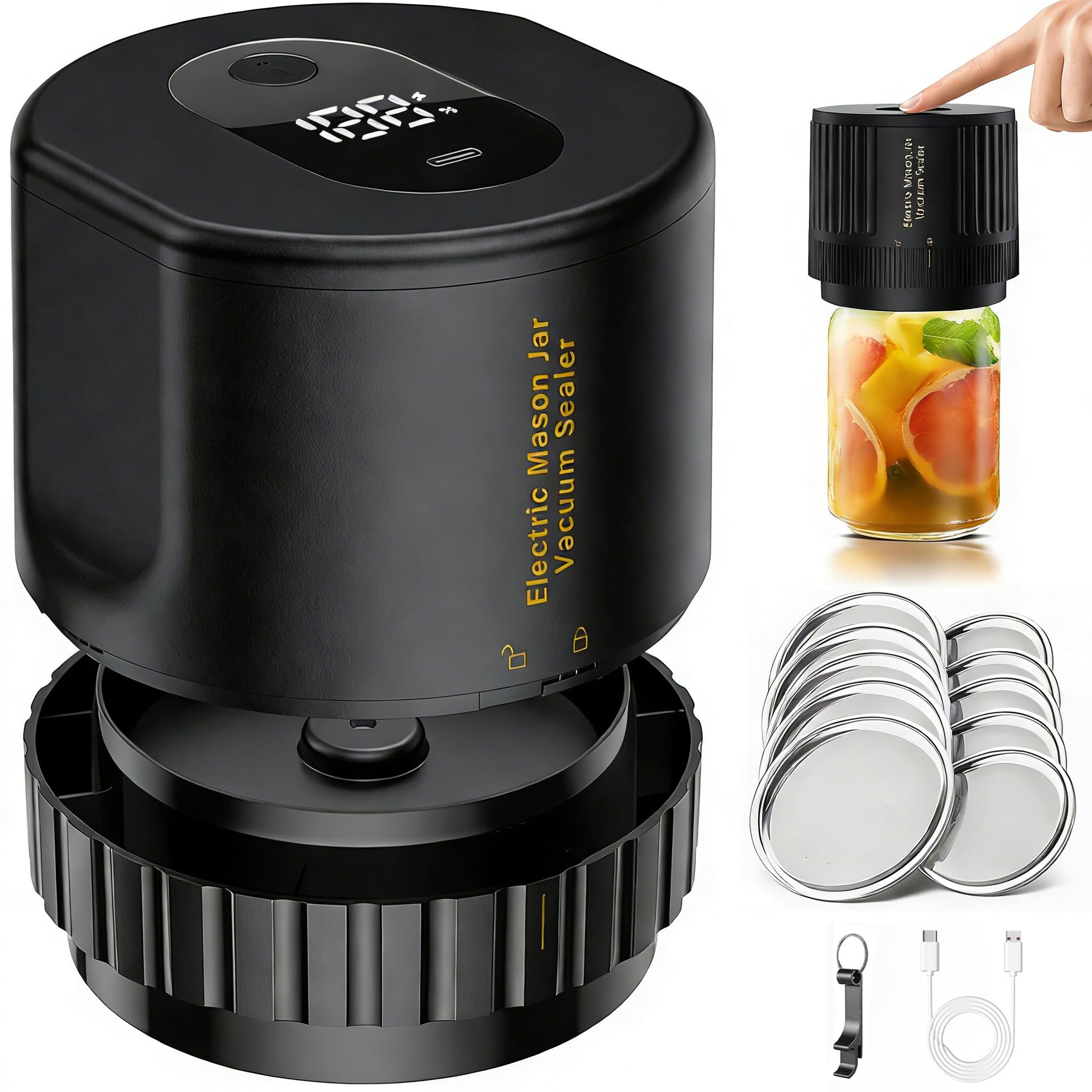 Domigard Macchina Sottovuoto Alimenti Barattolo di Vetro, Elctrtici Mason Jar Vacuum Sealer,10 Coperchi Inclusi, adatto Sigillare Alimenti in Vasetti (Nero)