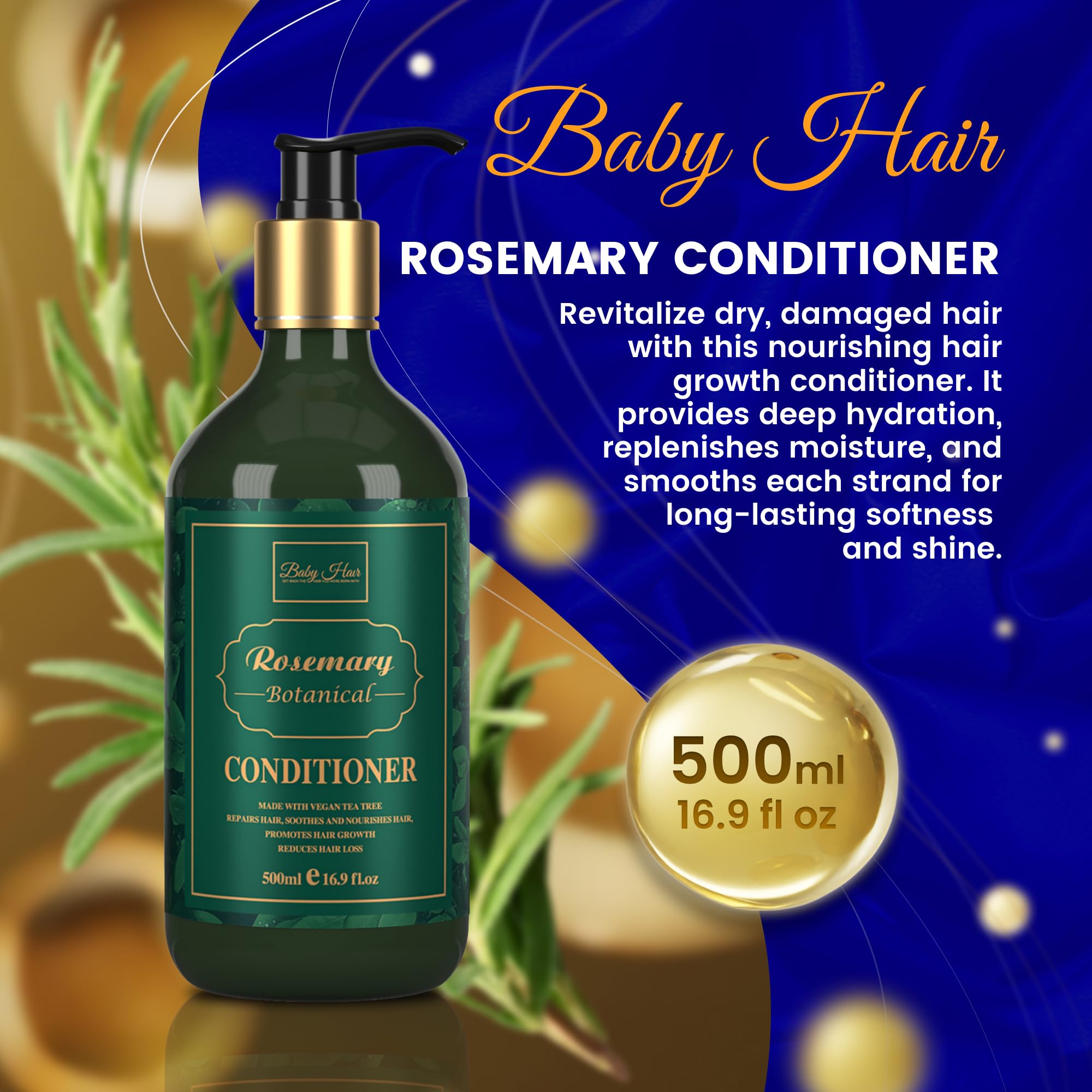 BABY HAIR - Rosemary Conditioner, Sulfate-Free Rosemary Conditioner for Hair Growth, Rosemary Oil Conditioner with Tea Tree Oil & Hyaluronic Acid, Natural Hair Growth Products, 16.9 fl. oz.