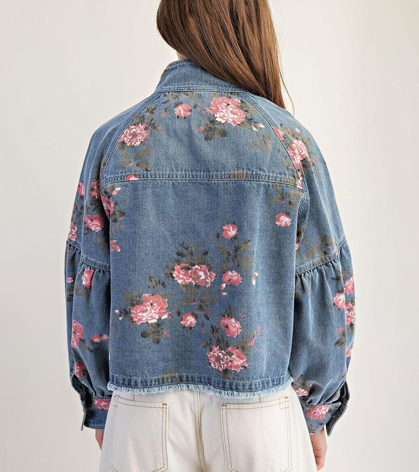 loveimgs Women Floral Jean Jacket Button Up Denim Jacket y2k Baggy Jean Trucker Pilot Coat Crop Spring Fall Outwear Pockets