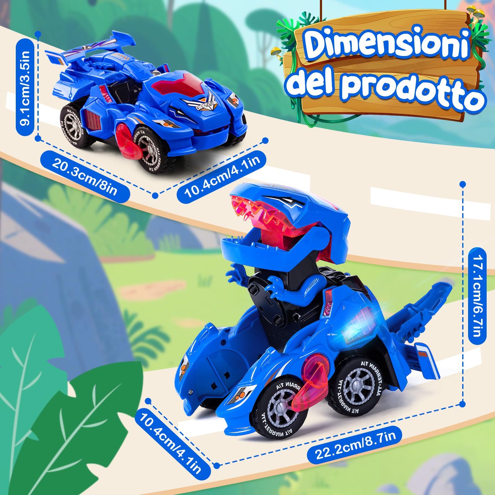 Yellcetoy Dinosauri Transform Giocattoli, Macchina Dinosauri con Musica e Luci, Auto Dinosauro Dino Giocattolo Regali di Natale Compleanno per Bambini Ragazzi 3 4 5 6 7 anni Blu