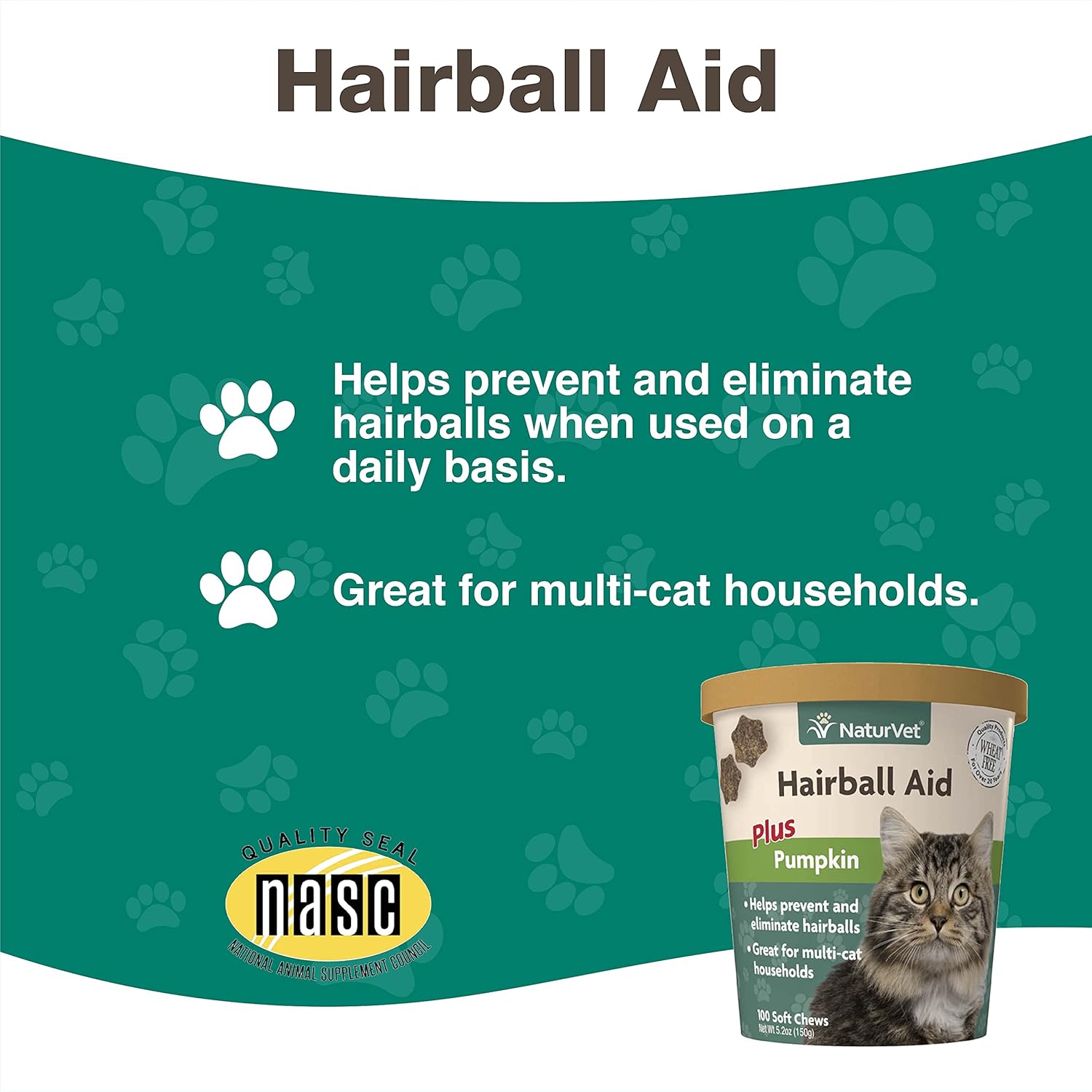NaturVet – Hairball Aid Supplement for Cats - Plus Pumpkin – Helps Eliminate & Prevent Hairballs – 100 Soft Chews : Pet Supplies