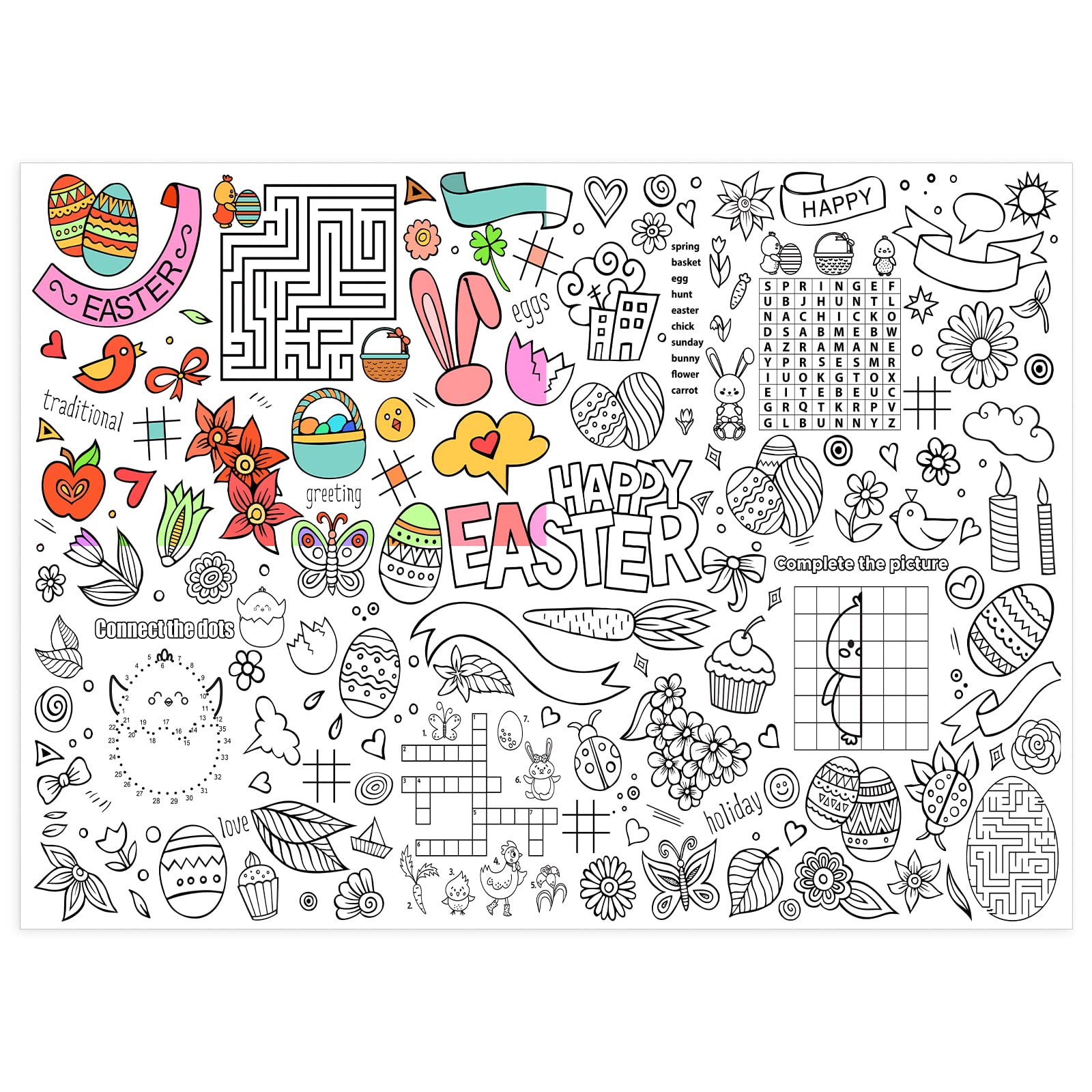 Hungdao Easter Coloring Poster for Kids Giant Easter Bunny Activity Jumbo Paper Poster for Families Coloring Banner Table Cover for School Parties Events Decoration 31.5 x 43.3 Inch