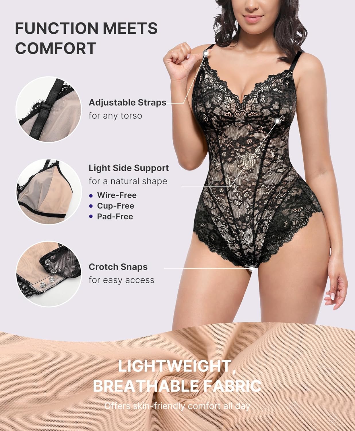 SHAPELLX Lace Bodysuit for Women V Neck Tummy Control Shapewear Thong Body Shaper Body Suit - Image 6
