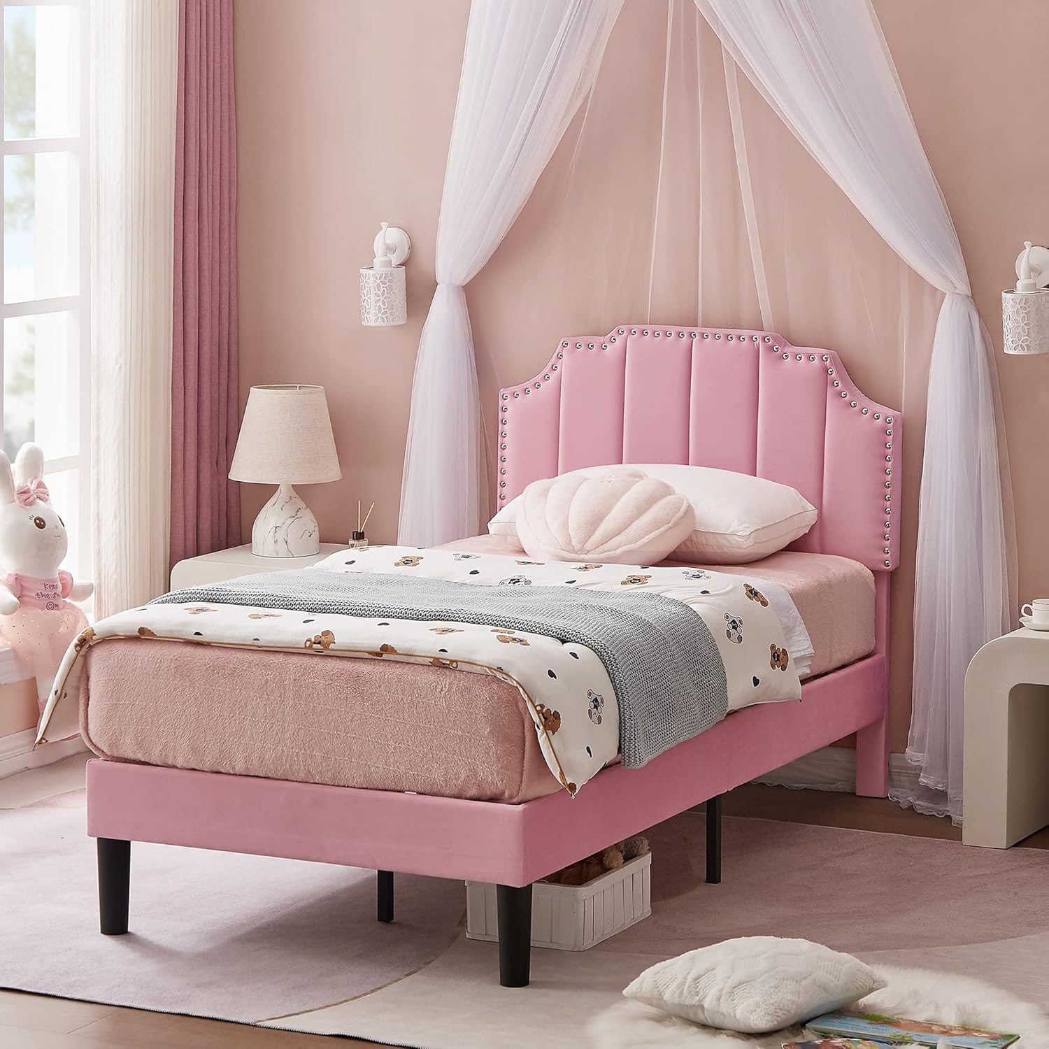 VECELO Twin Size Velvet Upholstered Platform Bed Frame with Nailhead Trim,Tufted Height Adjustable Headboard,Vintage Bed with Wooden Slats/No Box Spring Needed/Under Bed Storage/Easy Assembly