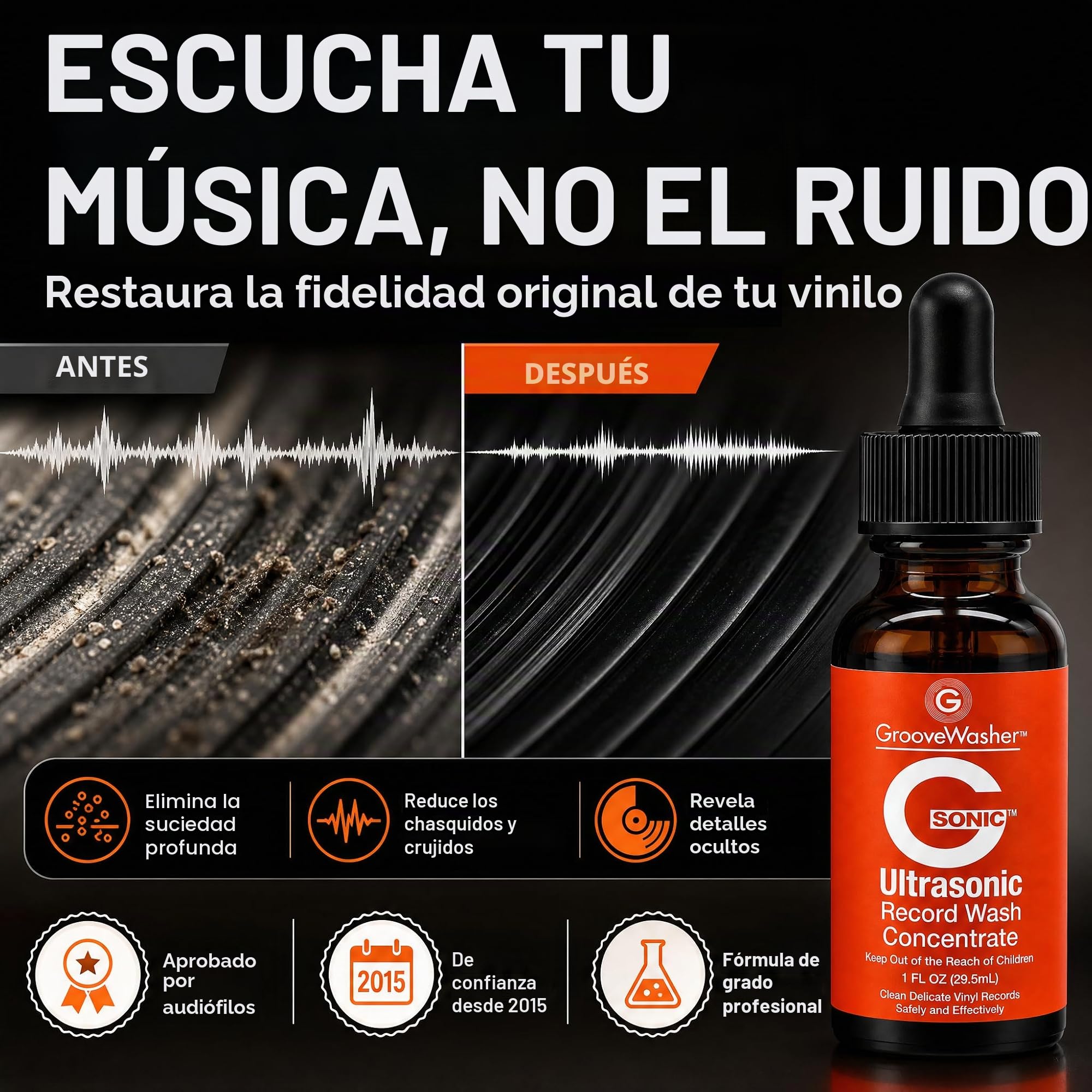 GrooveWasher G-Sonic - Limpiador ultrasónico para Discos de Vinilo, Limpiador Profesional para Discos de Vinilo, Compatible con máquinas de Limpieza de Discos, Limpiador penetrante de Ranura Segura