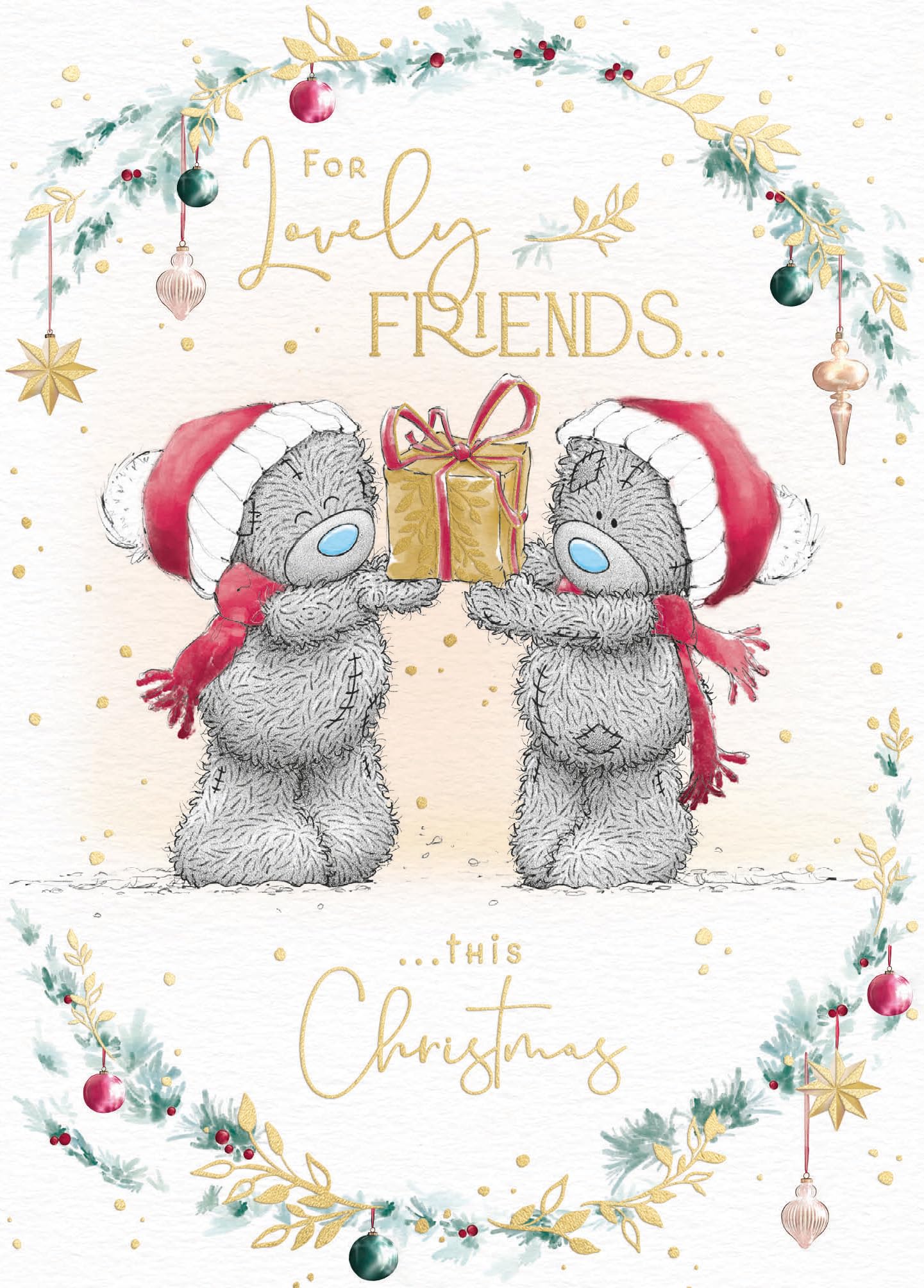 Me To You Tatty Teddy Christmas Card To Lovely Friends, With Two Tatty Teddy Bears Holding A Gift 12.2 x 17 cm - Official Collection