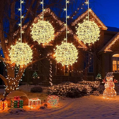 Bolas de Navidad para exteriores, paquete de 4 unidades colgantes de 7.9 pulgadas, luces LED para árbol de jardín, 8 modos, impermeables, luces de