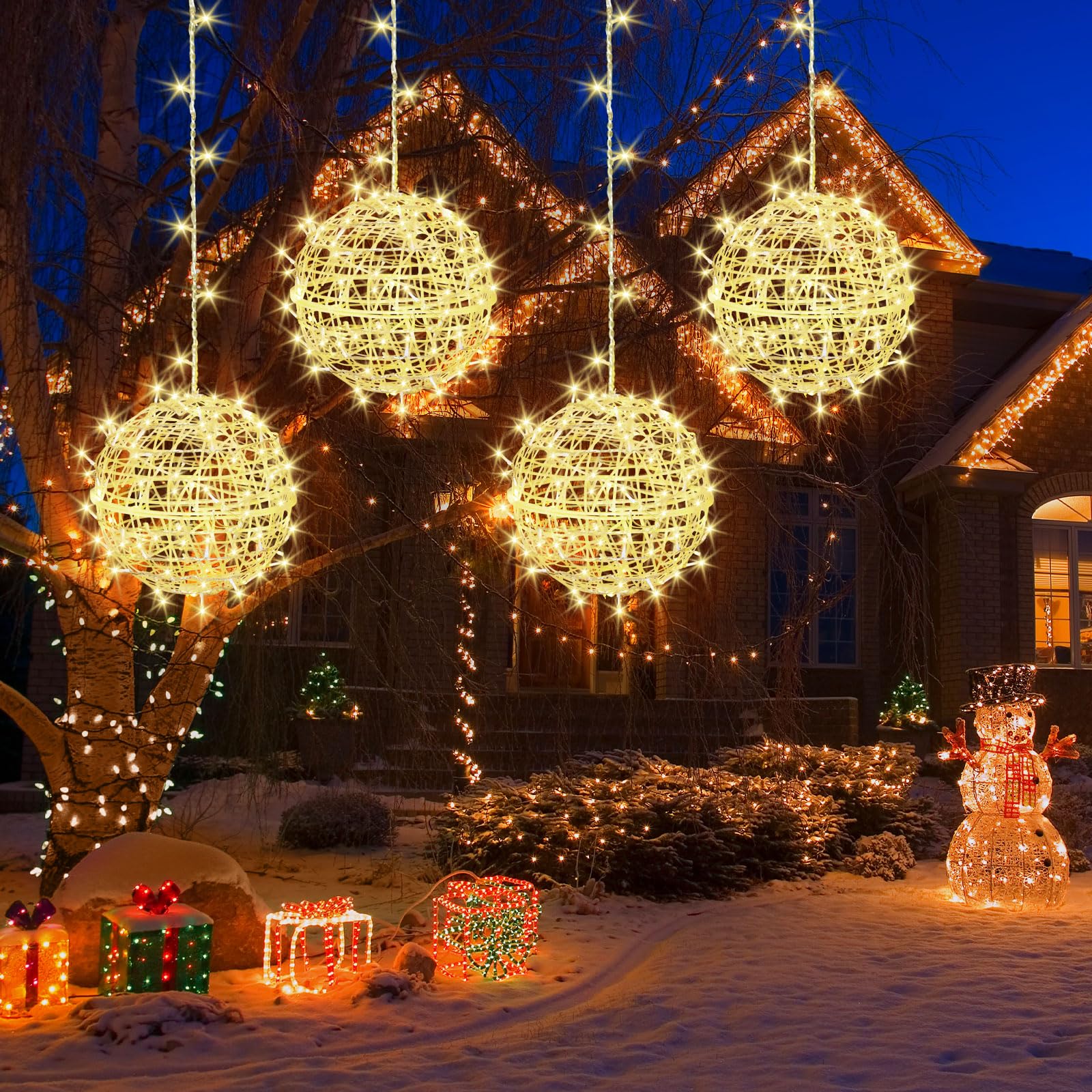 Outdoor Christmas Balls Lights 4 Pack Hanging 7.9" LED Garden Sphere Tree Lights 8 Modes Waterproof Glow Globe Lights with Memory Timer Plug for Party Yard Porch Eave Patio Xmas Decorations-Warm WhiteGlobal Recycled StandardGlobal Recycled StandardGlobal Recycled Standard