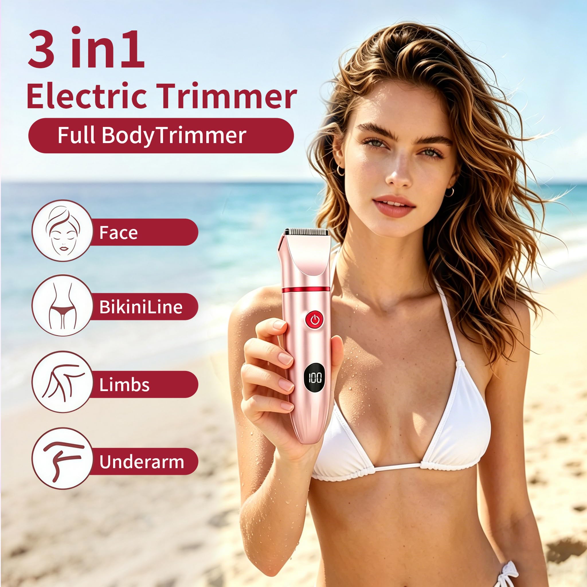 Rasoir Electrique 3 en 1 Femme, Tondeuse Femme Intime, Étanche IPX7 Douche Humide/Sec, Écran LED & USB-Recharge, Épilateur Électrique pour Visage, Maillot, Aisselles, Jambes, précis (Rose)
