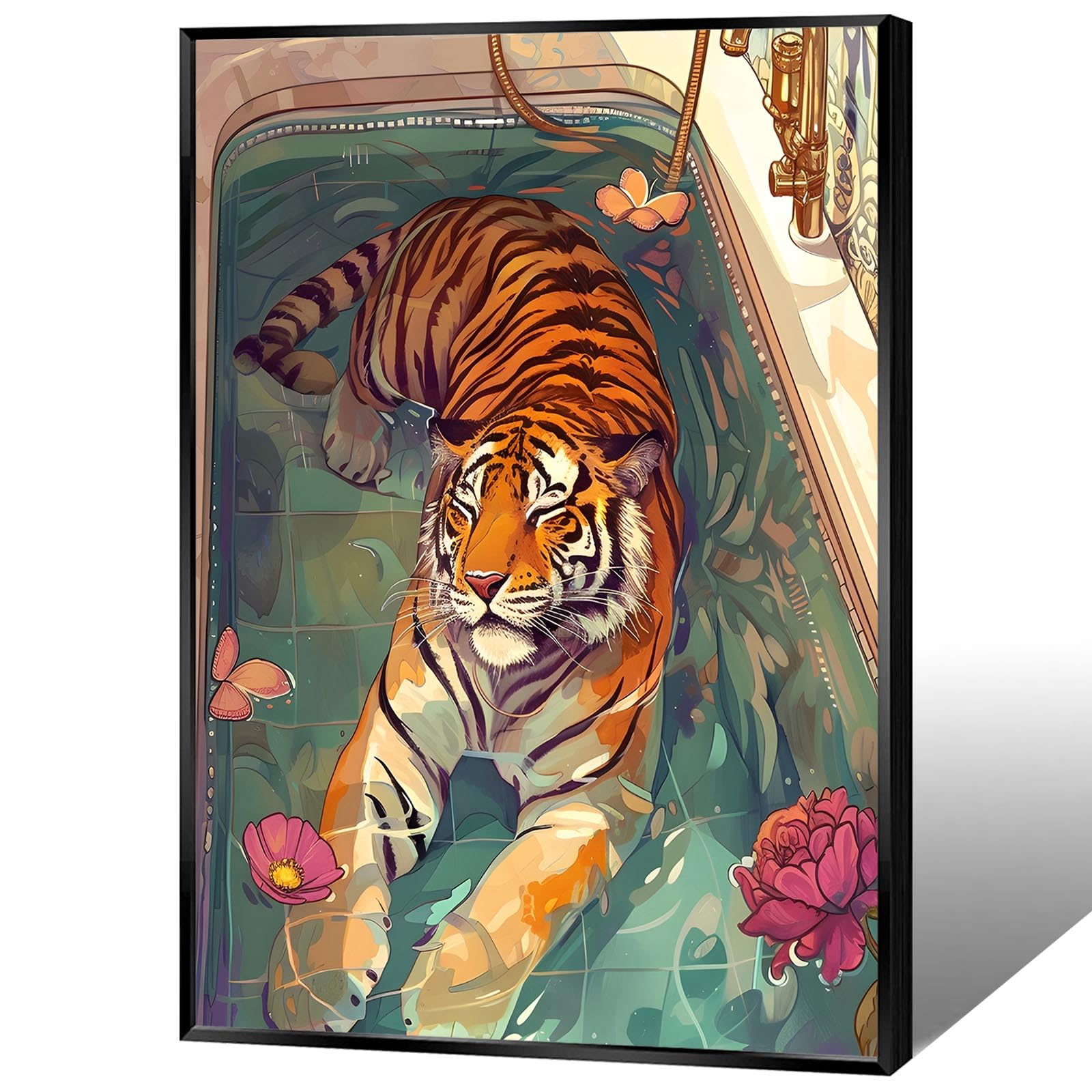 Koeuirw Black 02 Funny Bathroom Animal Canvas Wall Art Cute Tiger In Bathtub Posters Whimsical Jungle Wildlife Flowers Aesthetic Prints Painting For Home Restroom Powder Room Wall Decor 12X16in Unframed