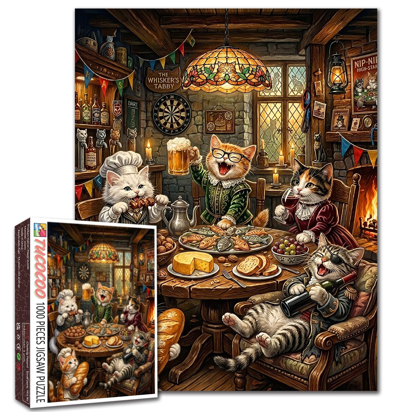 Tucocoo Jigsaw Puzzles for Adults 1000 Piece Fun Party Scene with Amusing Cats Large Puzzle 50 x 70 cm Adorable Animals Drinking and Eating Vintage Puzzles Fun Indoor Activity and โ image 1