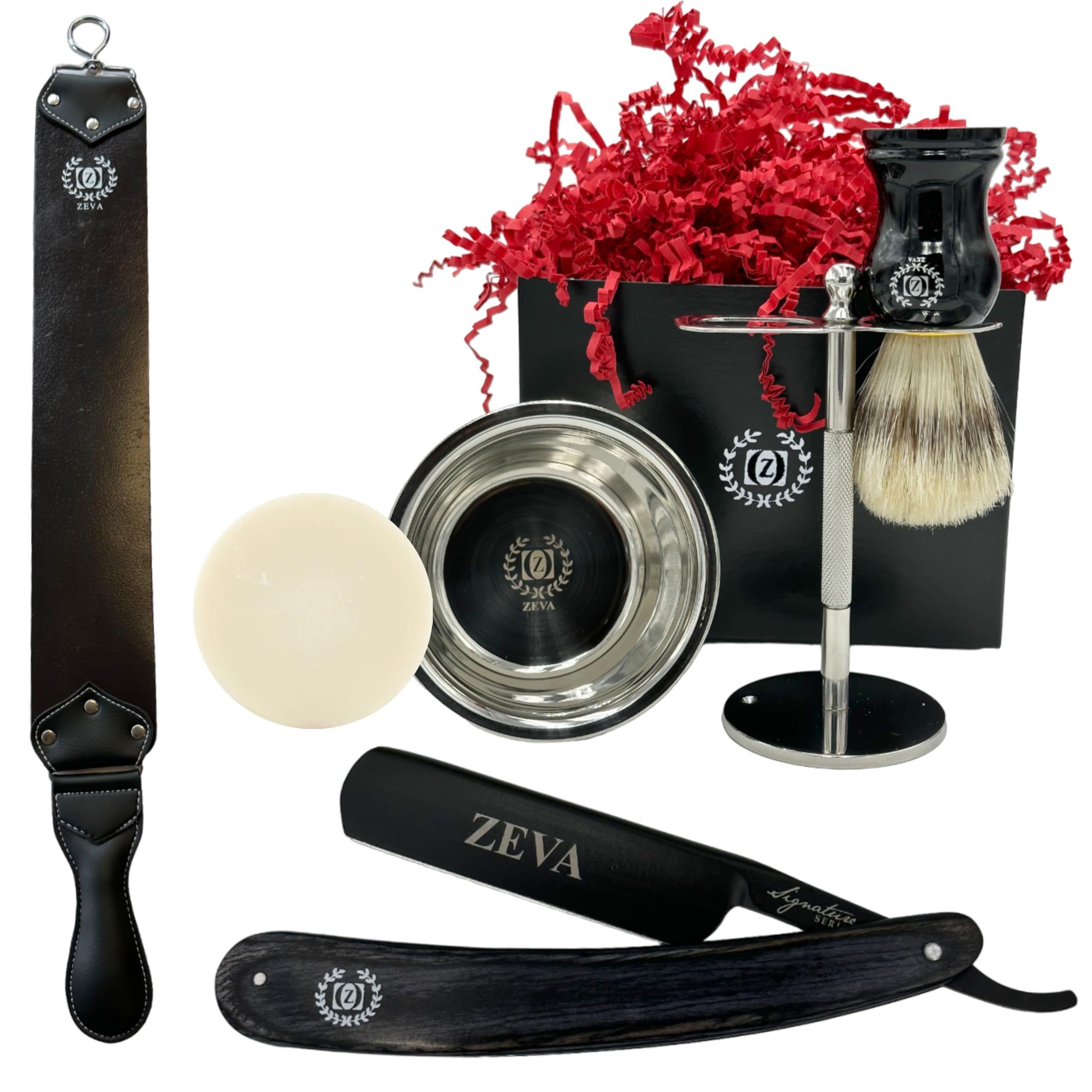 Men Gift Set Zeva Wet Shaving Wood Straight Razor Kit Carbon Steel Cow Leather Honning Strop for Stropping Grandpa Christmas Gift Box Close Shave