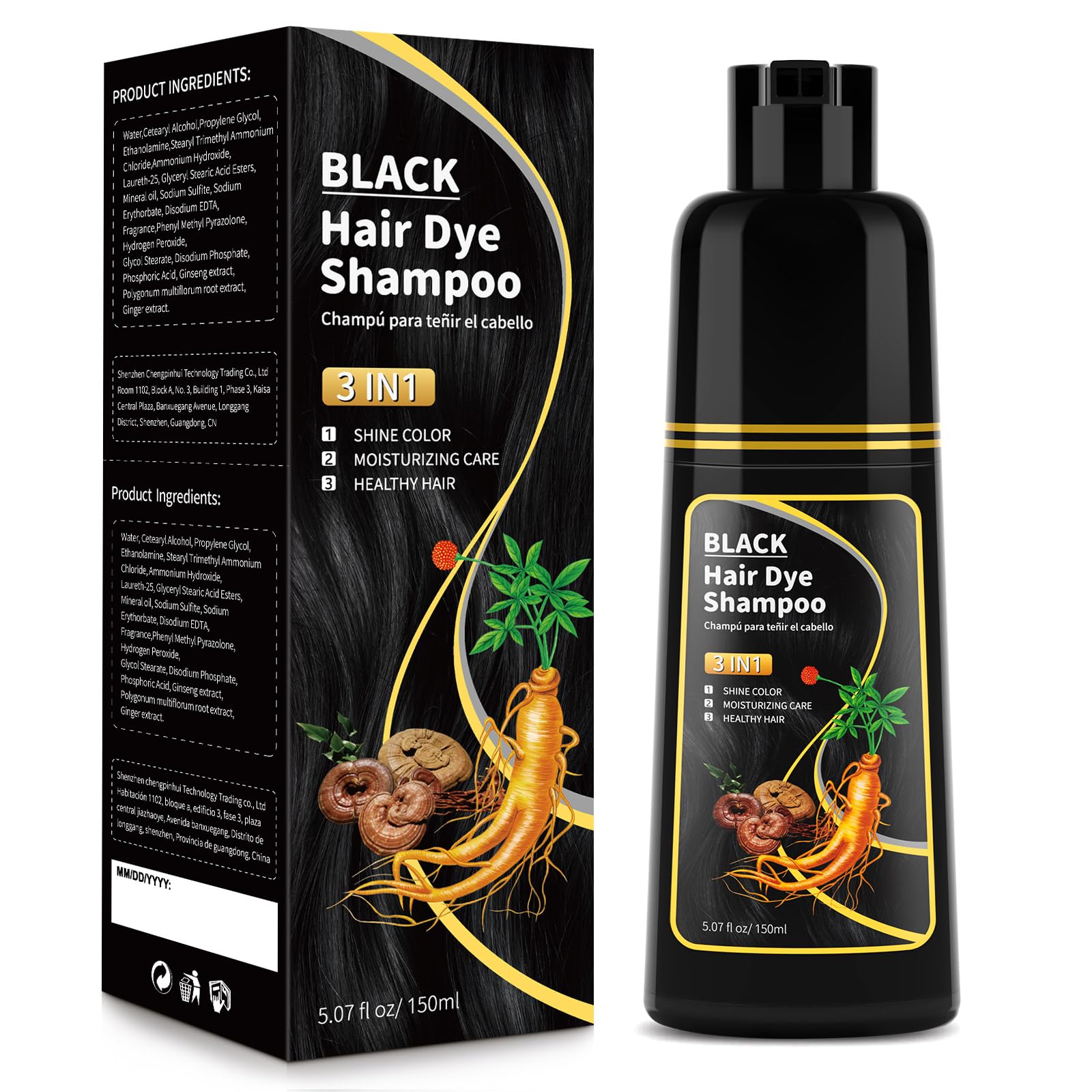 Black Hair Dye Shampoo - Natural Nutrition for Gray Hair Coverage, 3 in 1 Shampoo for women, Semi Permanent Hair Color for Instant, Lasts 30 Days/Natural herbal Ingredients, 150 ML/5.07 OZ