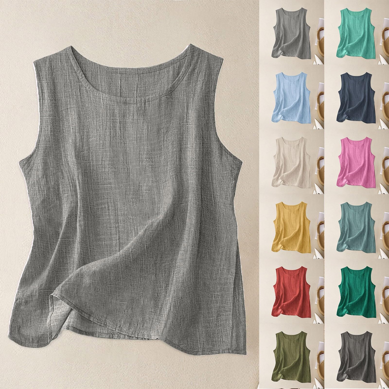 Camiseta de lino para mujer, de verano, cuello redondo, estilo bohemio, informal, ligera, de verano, sin mangas, muselina, blusa, de algodón, con tirantes, holgada, para playa, ropa de playa, camiseta