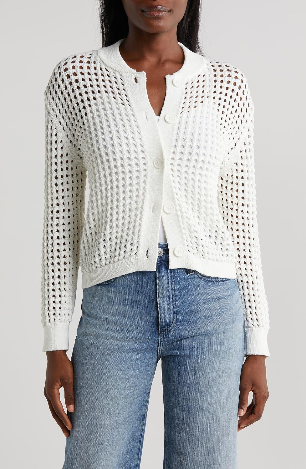 Crochet Cardigans for Women Spring Summer Beach Sweater Button Up Crew Neck Knit Mesh Top