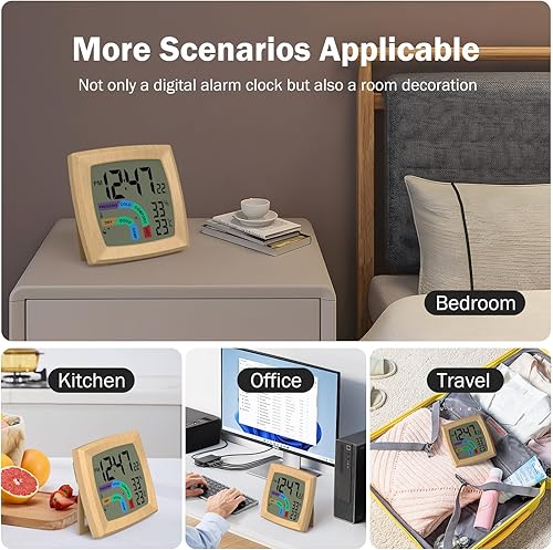 Miniatura 6 de VOILEIPAGI Reloj despertador de viaje con retroiluminación automática, despertador alimentado por batería, temperatura y humedad, segunda, fecha,