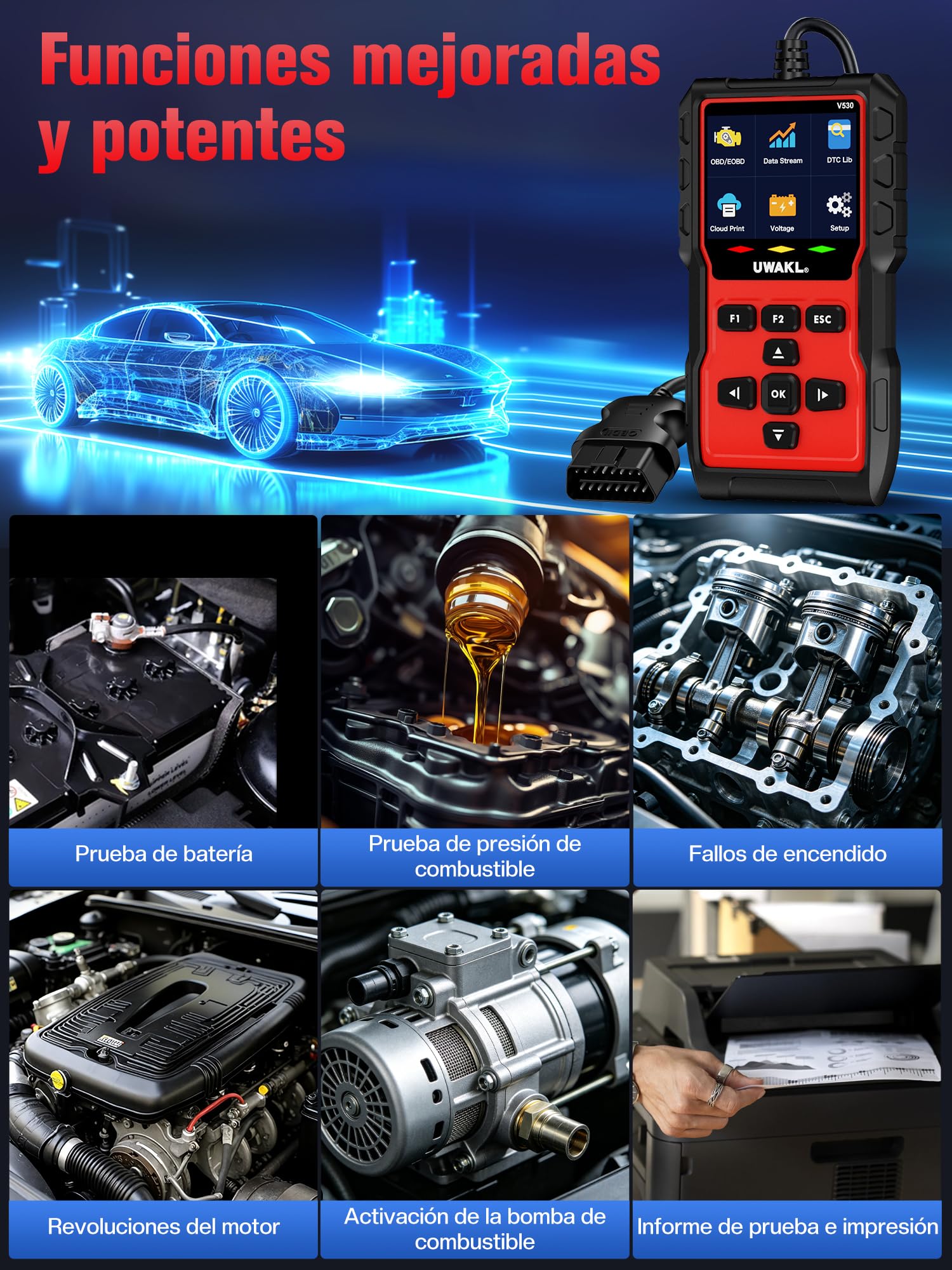 OBD2 Diagnosis Coche Scanner OBD: EOBD maquina Diagnóstico Coche en Español - Scanner OBD2 Multimarca Vehículos con Prueba de Batería - Lector Códigos Fallos Motor Autos Completas OBDII Funciones